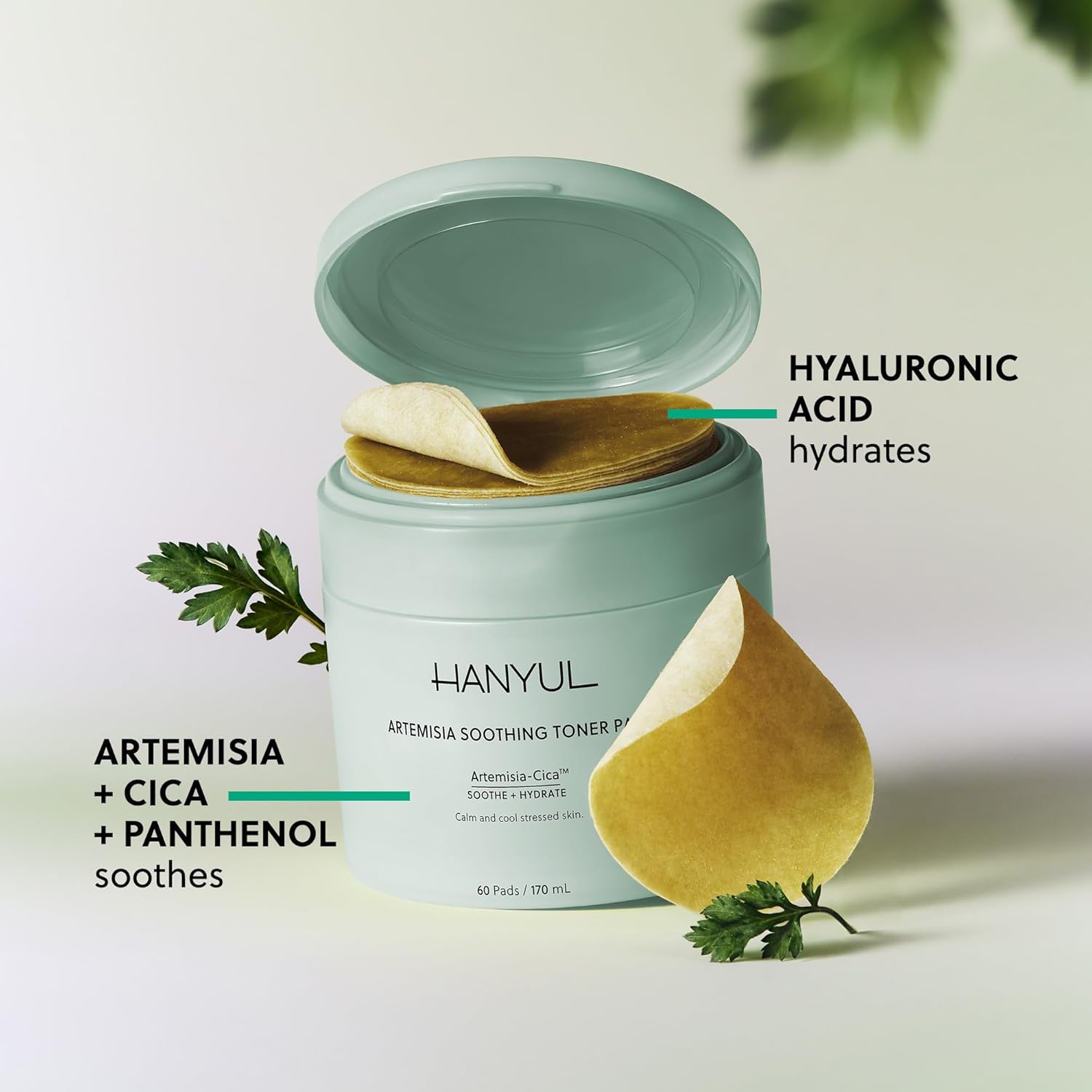 HANYUL Artemisia Soothing Toner Pads with Centella Asiatica and Hyaluronic Acid | Hydrating & Calming Pre-Makeup Facial Pads for Sensitized Skin, Dual-Layer Design, 60 Count - Image 2