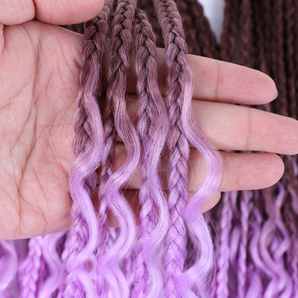22 Inch Ombre Boho Box Braids Pre Looped Goddess Crochet Braids with Curly Ends 3 Packs Bohemian Braiding Hair Extensions for Women (Brown-Purple) - Image 3