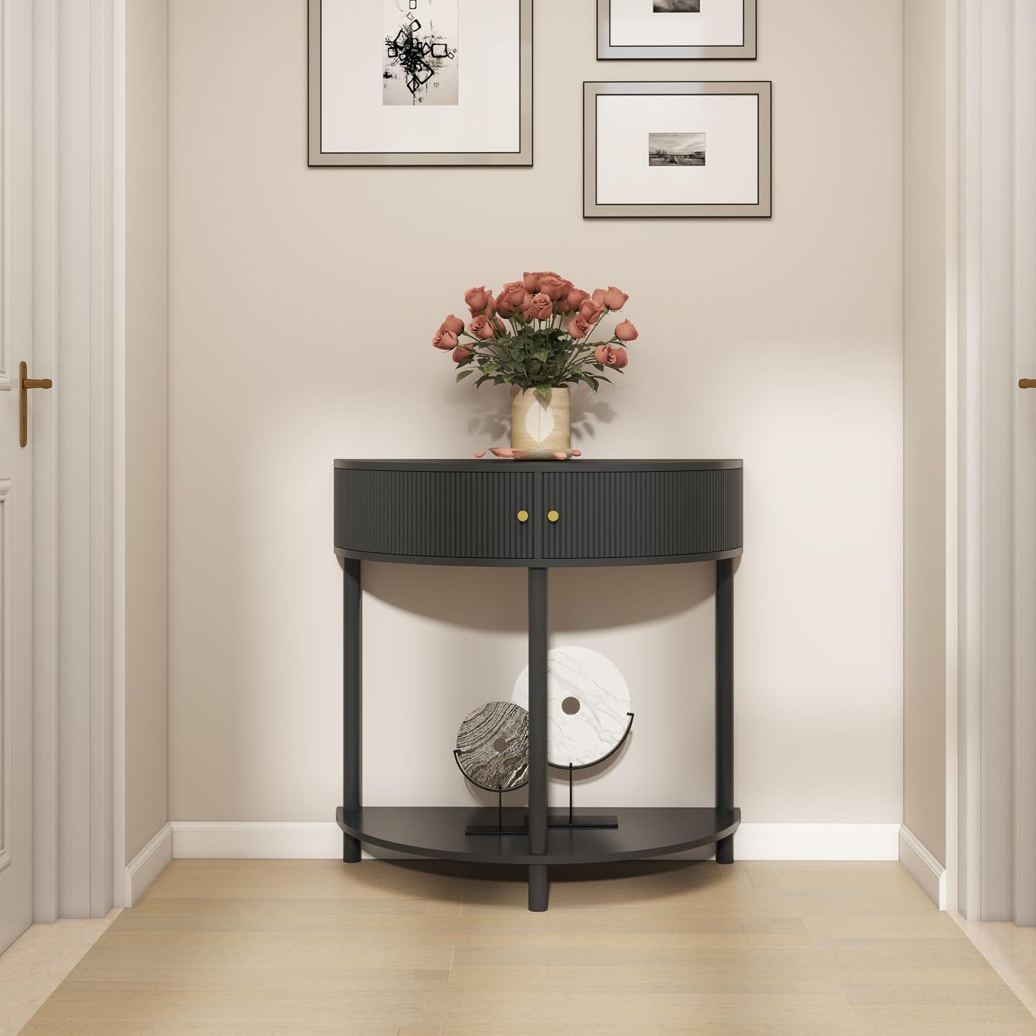 Half-Moon Console Table, Semicircular Entryway Table with Two Rattan Doors and Gold Metal Handles, Sofa Table Behind Couch with Open Storage Shelf for Living Room, Hallway, Dark Gray