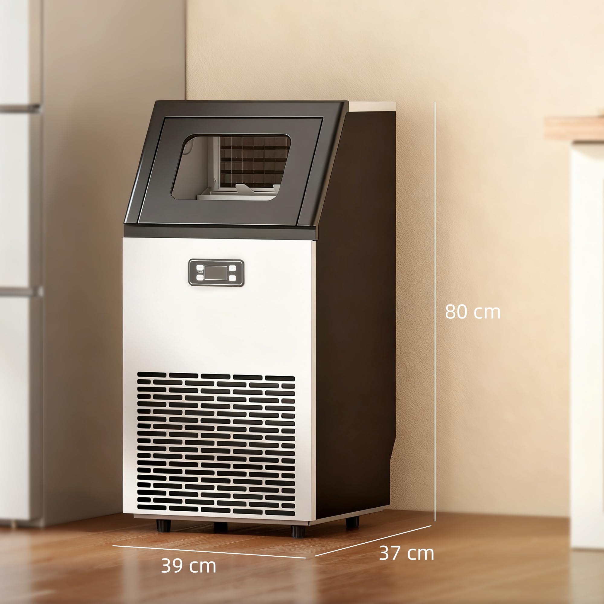 HOMCOM Kommerzielle Eiswürfelmaschine 45kg/24H mit LCD-Anzeige, 11 kg Speicher, Timer und Selbstreinigung, Freistehende Edelstahl Eismaschine Eiswürfelbereiter für Bar Café