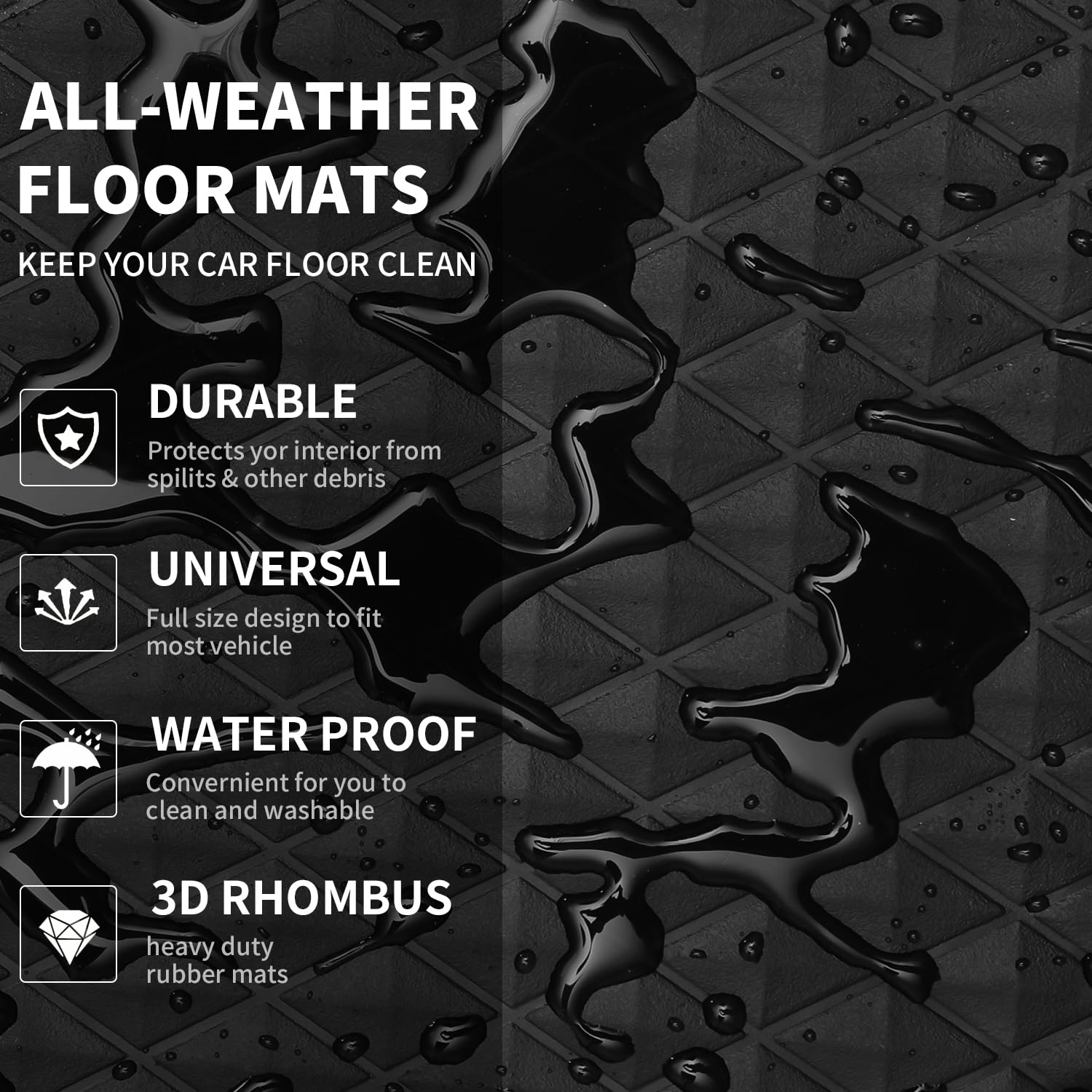 CAR PASS Black Rubber Car Mats, All-Weather Floor Mats Full Set Durable Anti-Slip 3D Rhombus Waterproof Automotive Pad Trim to Fit Liner Universal Fit for Sedan SUV Truck Van, 4 Pcs All Black Rubber