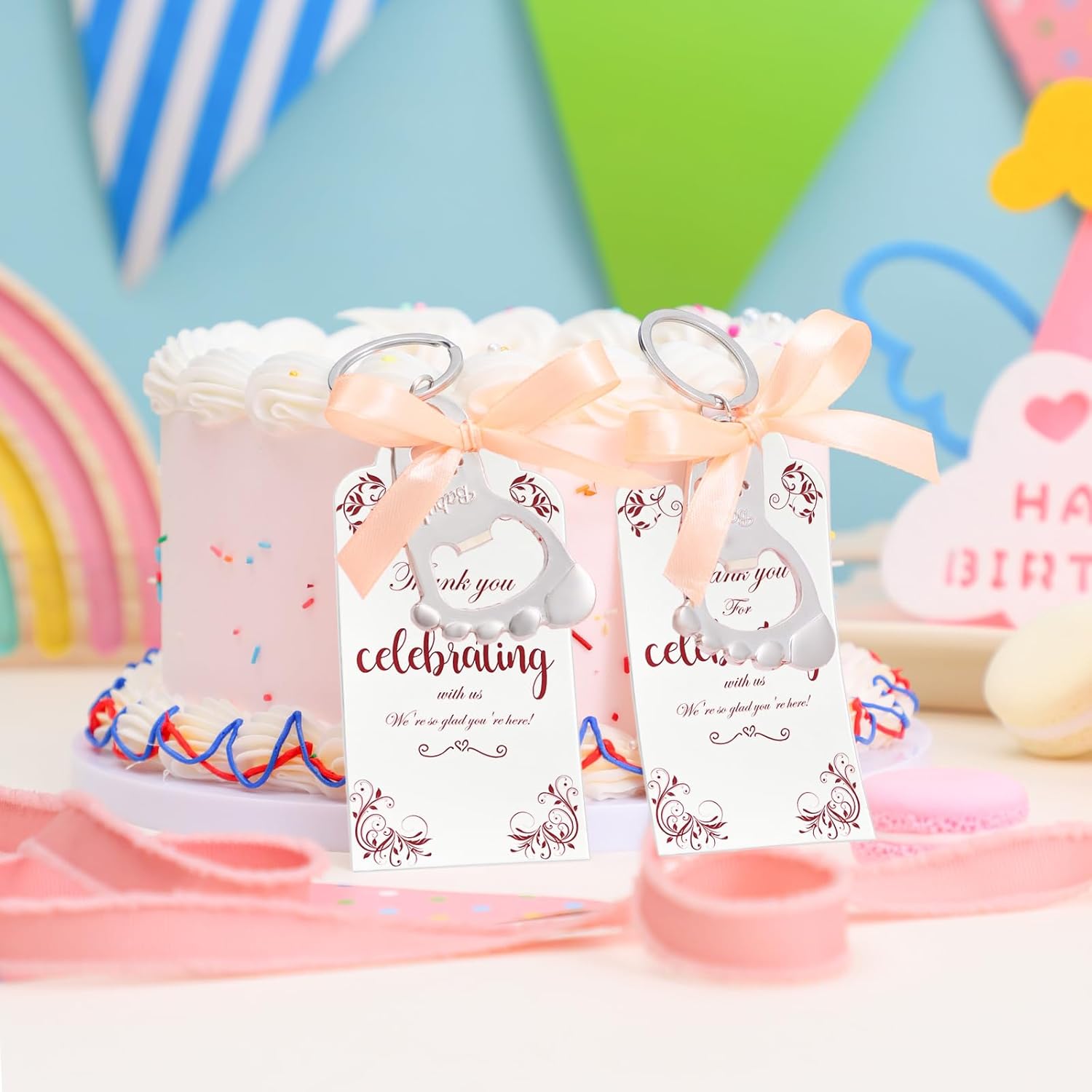 48 Pieces Keychain baby shower favors Bottle Opener Gift Tag Baby Foot Bottle Opener Gift Shower party decoration or souvenir guest（silver）