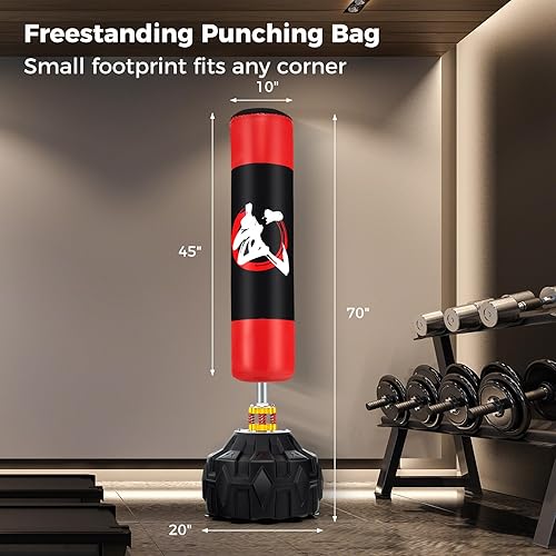 Miniatura 6 de Goplus Saco de boxeo independiente, bolsa de boxeo pesada de 70 pulgadas con base rellenable, 12 ventosas, amortiguadores, bolsa de kickboxing con