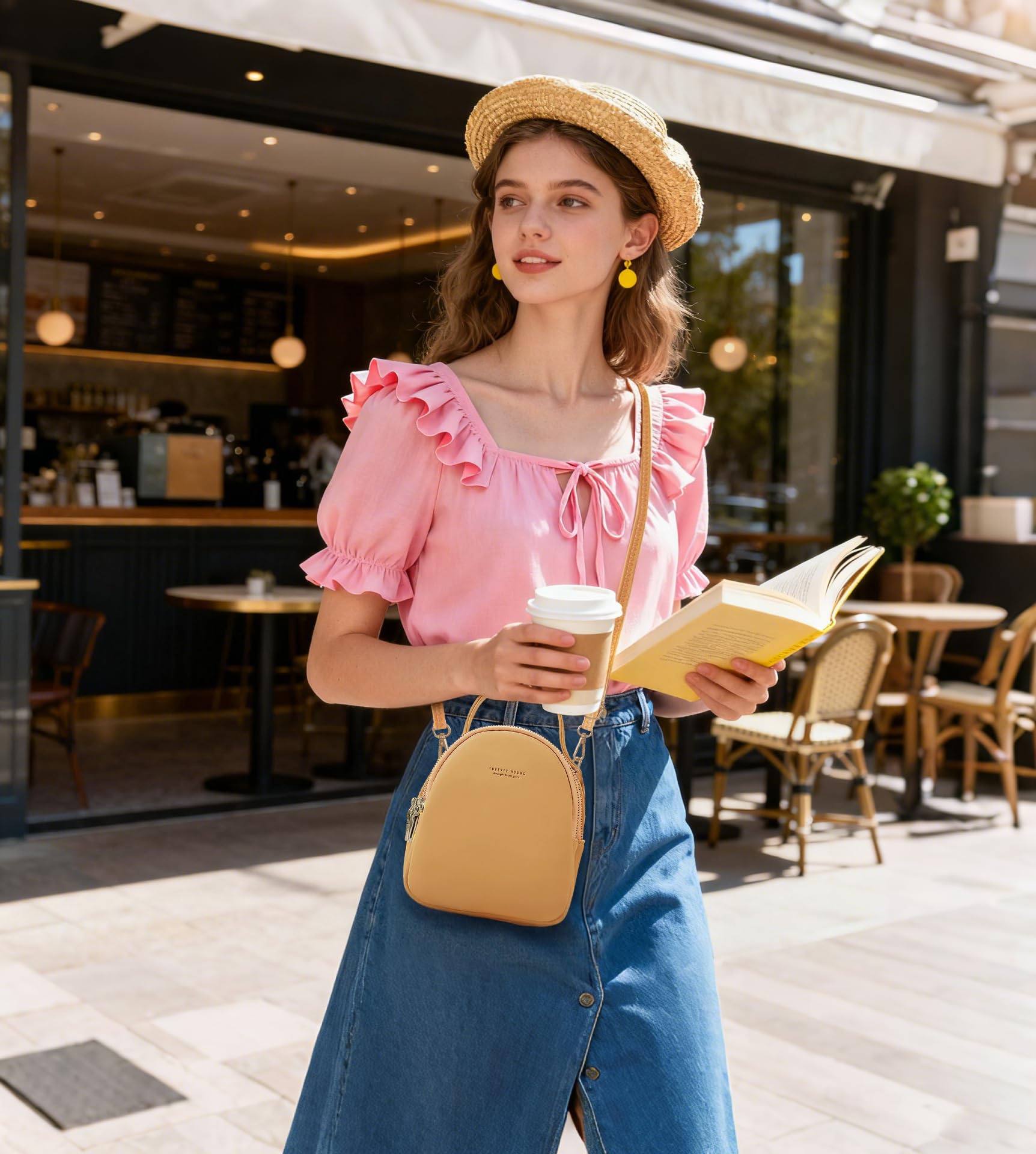 Lindo Mochilas Mujer Pequeña Moda Bolso con Orificio para Auriculares y Manejar Backpack Adecuado Trabajo Escuela Casual Impermeable Piel PU Mini Bolso Mochila Mujer Amarillo
