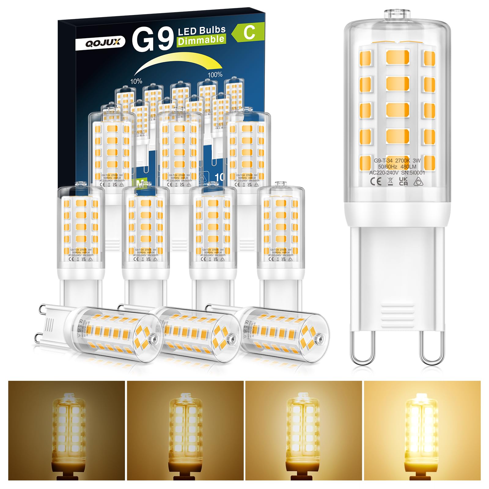 QOJUX 3W G9 Led Bulbs Dimmable, Energy Class C, 34 LEDs 480LM Warm White 2700K, Equivalent to 50W Halogen, CRI>80, AC 220-240V No Flicker Energy Saving G9 Light Bulbs for Home Lighting Decor 10 Pack