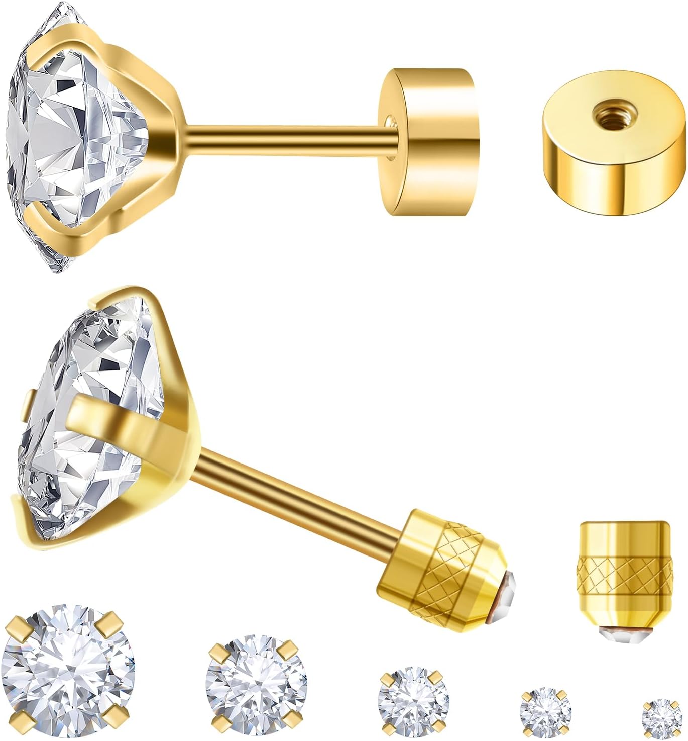 5 Pairs Flat Back Stud Earrings for Women, Trendy Cartilage Earring, Hypoallergenic Titanium Earrings Set, Cubic Zirconia Flatback Ear Rings Non Tarnish