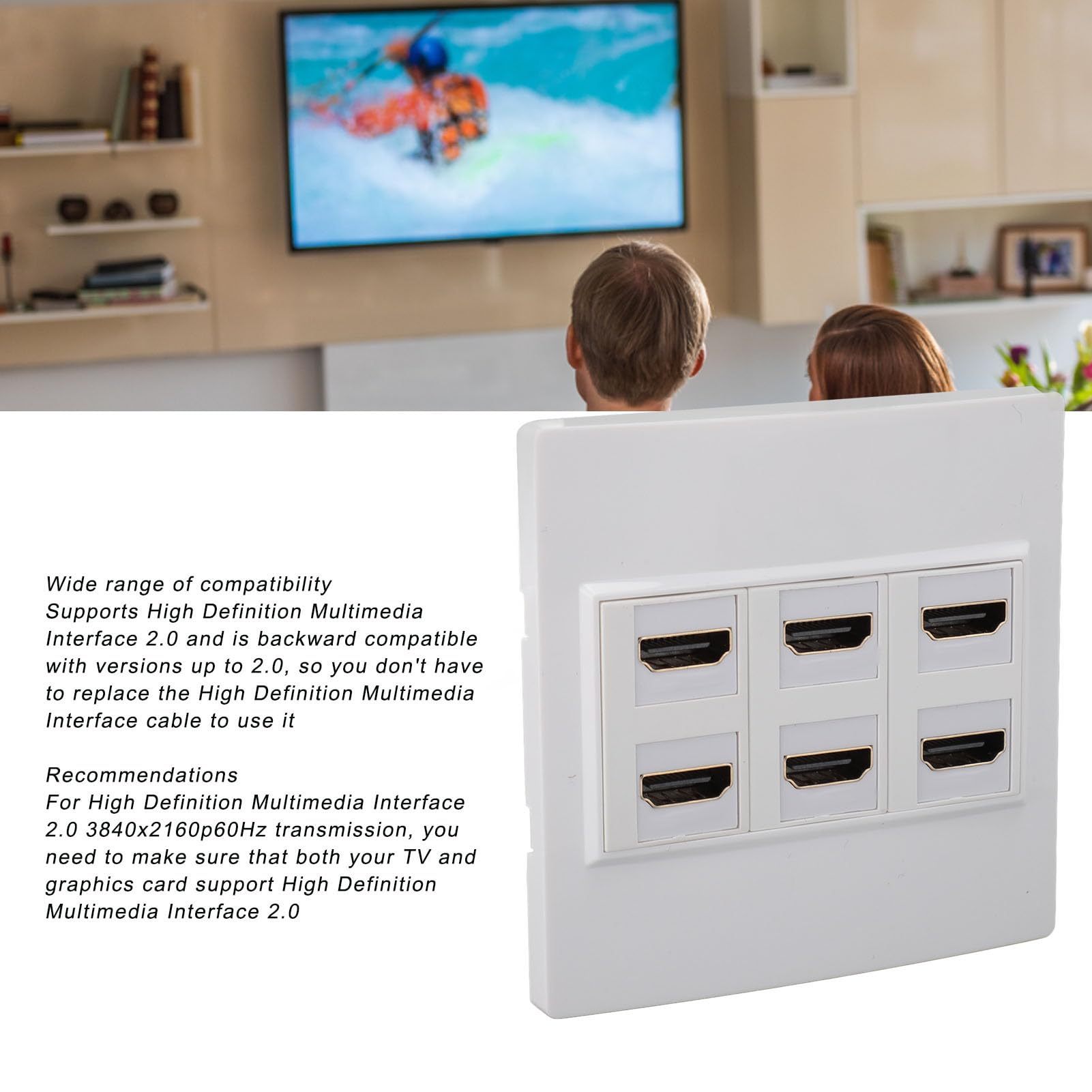 Piastra da Parete HDMI, Pannello da Parete Keystone HDMI 2.0 4K 60HZ a 6 Porte, Supporta 32 Canali Audio, Frequenza di Campionamento 1536kHz
