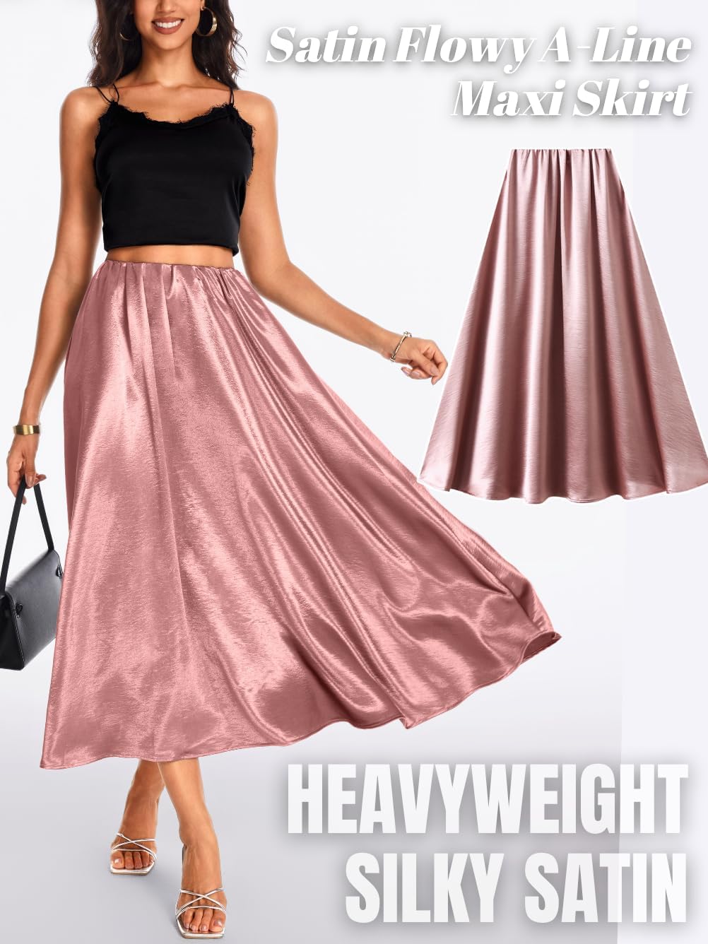 ChiaoLezhee Women's Heavy-Drape Satin Maxi Skirt, Elastic High Waisted A-Line Formal Skirts for Special Occasions