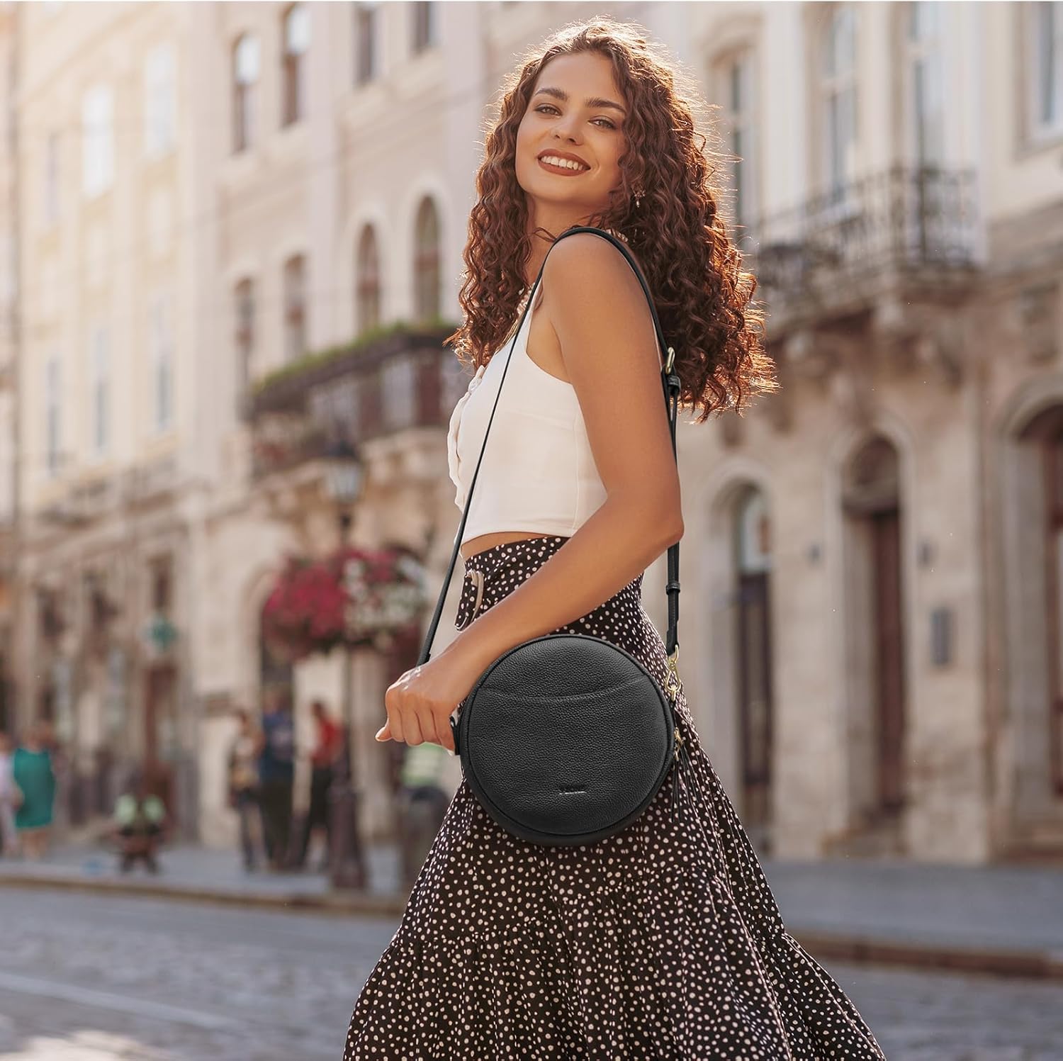 S-ZONE Leather Crossbody Bags for Women Vintage Circle Shoulder Purse Trendy Round Handbag with Adjustable Strap - Image 2