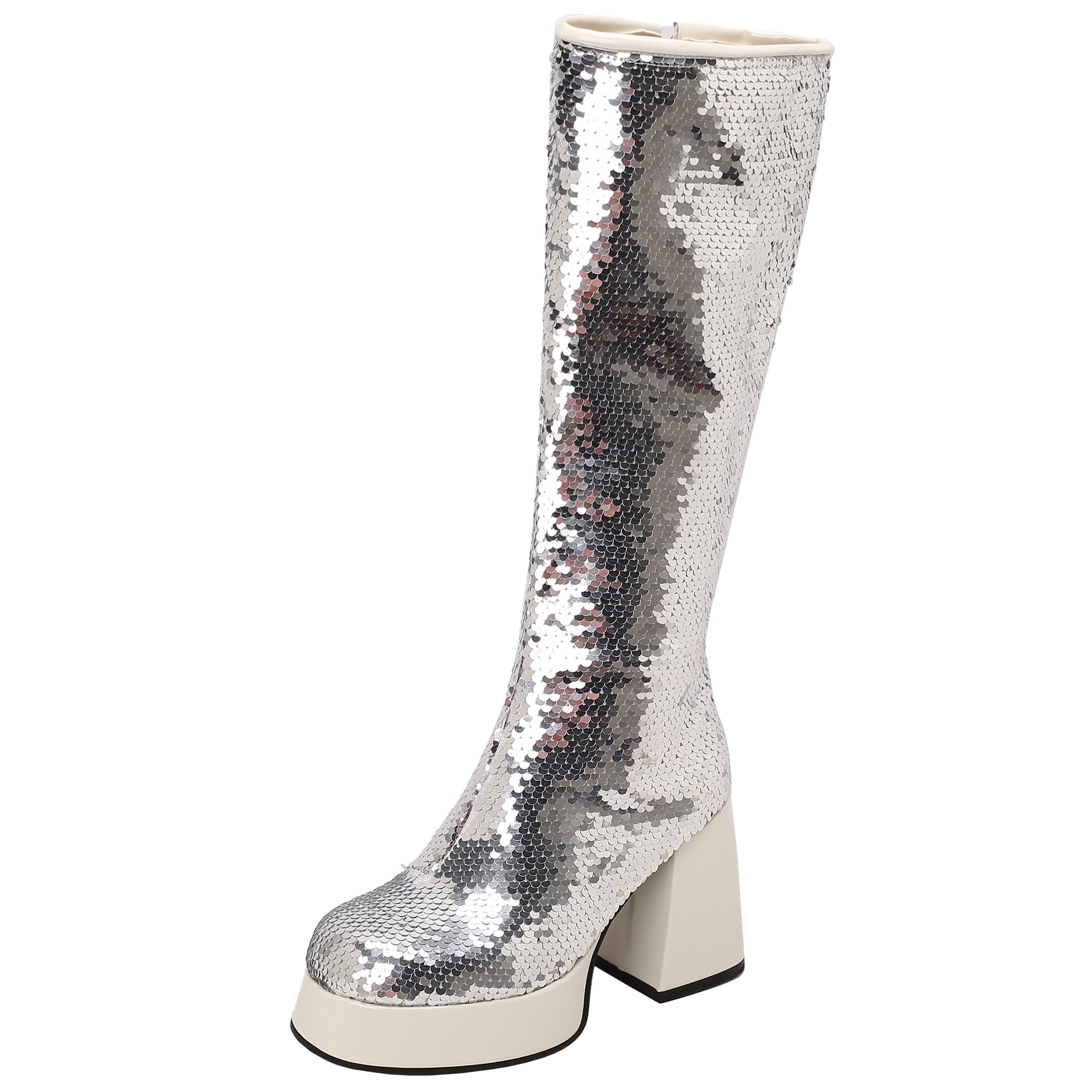 DINTAHA Sparkly Colorful Platform Knee High Heeled Boots Glitter Chunky Heel Boots