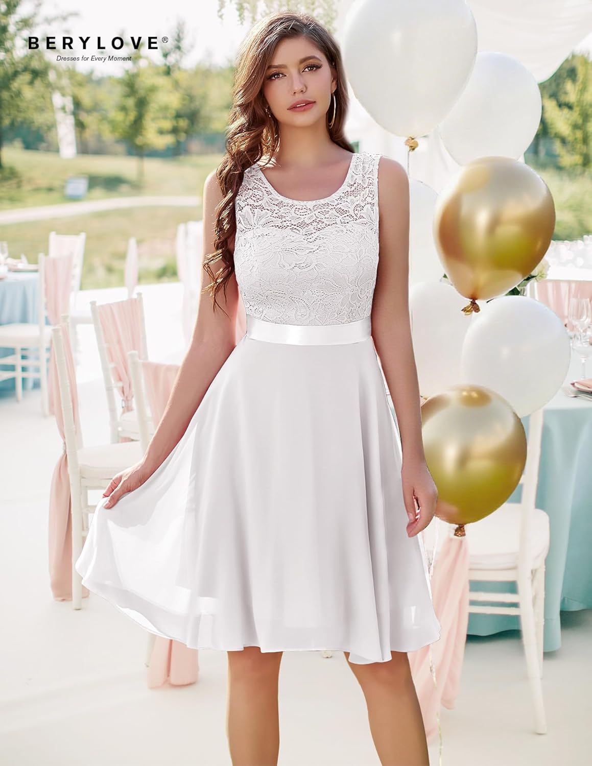 BeryLove Women's Short Prom Dresses for Teens Sleeveless Flowy A Line Wedding Guest Lace Formal Dress - Image 8