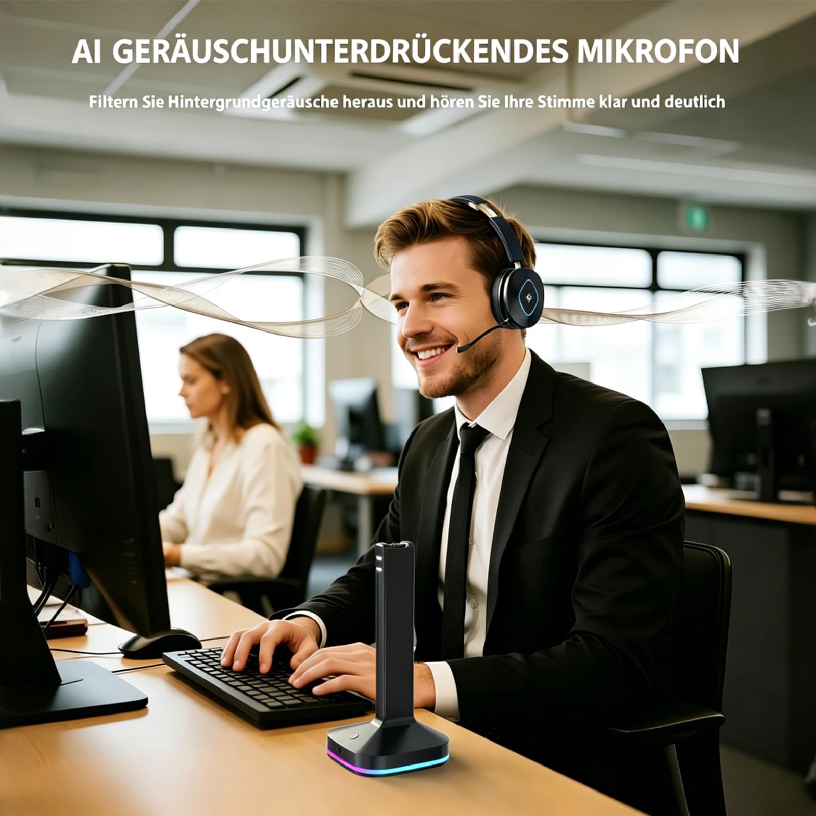 Earbay V6.0 Bluetooth Headset mit Mikrofon, Wireless Headset mit AI Noise Cancelling Mikrofon, RGB-Ladestation, USB-Dongle, 45+ Std. Akku, Wiederaufladbar On-Ear Kopfhörer für Büro, Home, Callcenter