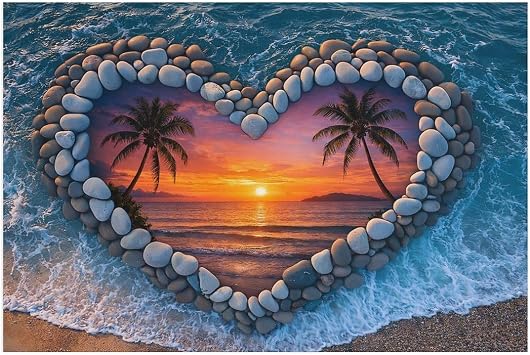 Shiartex Heart Shaped Stone Beach Sunset Canvas Wall Art, Romantic Coastal Theme Wall Decor for Living Room Bedroom Bathroom Office Home Decor, 30x20 Inch