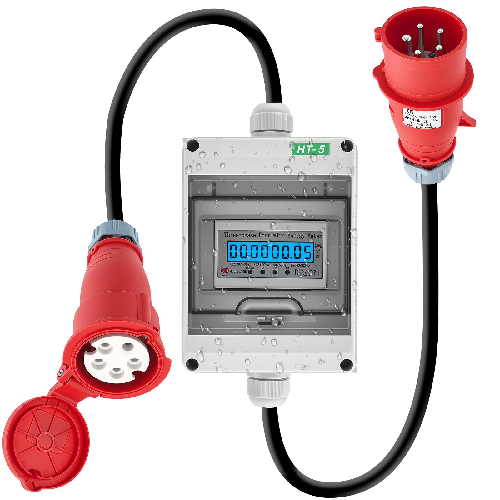 3 Phasen Mobiler Stromzähler, 16A 400V Mobiler Digitaler Stromzähler Drehstromzähler, 5 * 2,5mm² Digitalzähler mit CEE Stecker, Portabler Stromzähler für Baustelle, Camping, Marina, Balkonkraftwerk