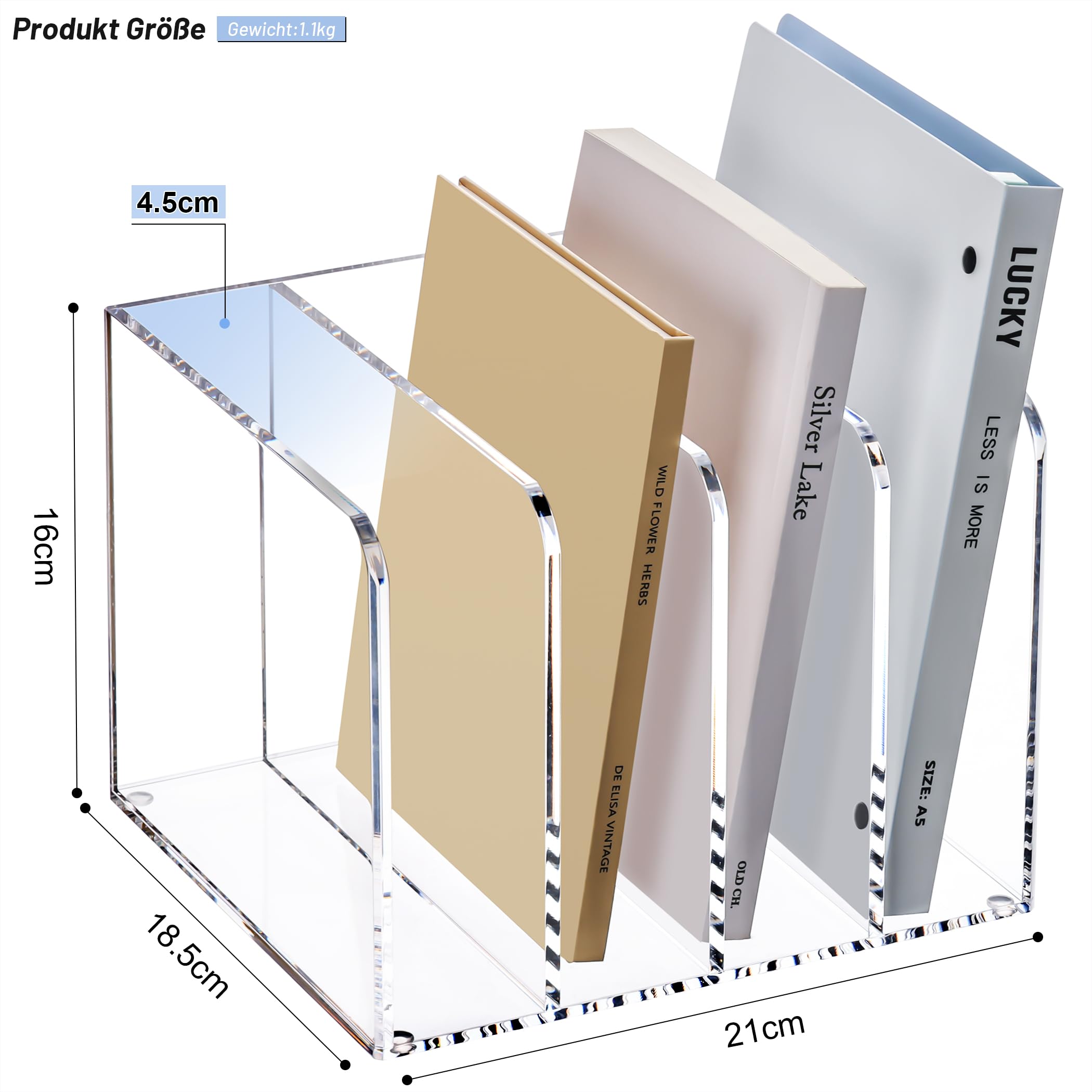 SANRUI Premium Zeitschriftenhalter Acryl (4 Fächer) - Glasklarer Zeitschriftensammler & Schreibtisch Buchstütze, Moderner Aktenordner Stehsammler für Büro, Home Office & Deko, 16x21x18.5 cm
