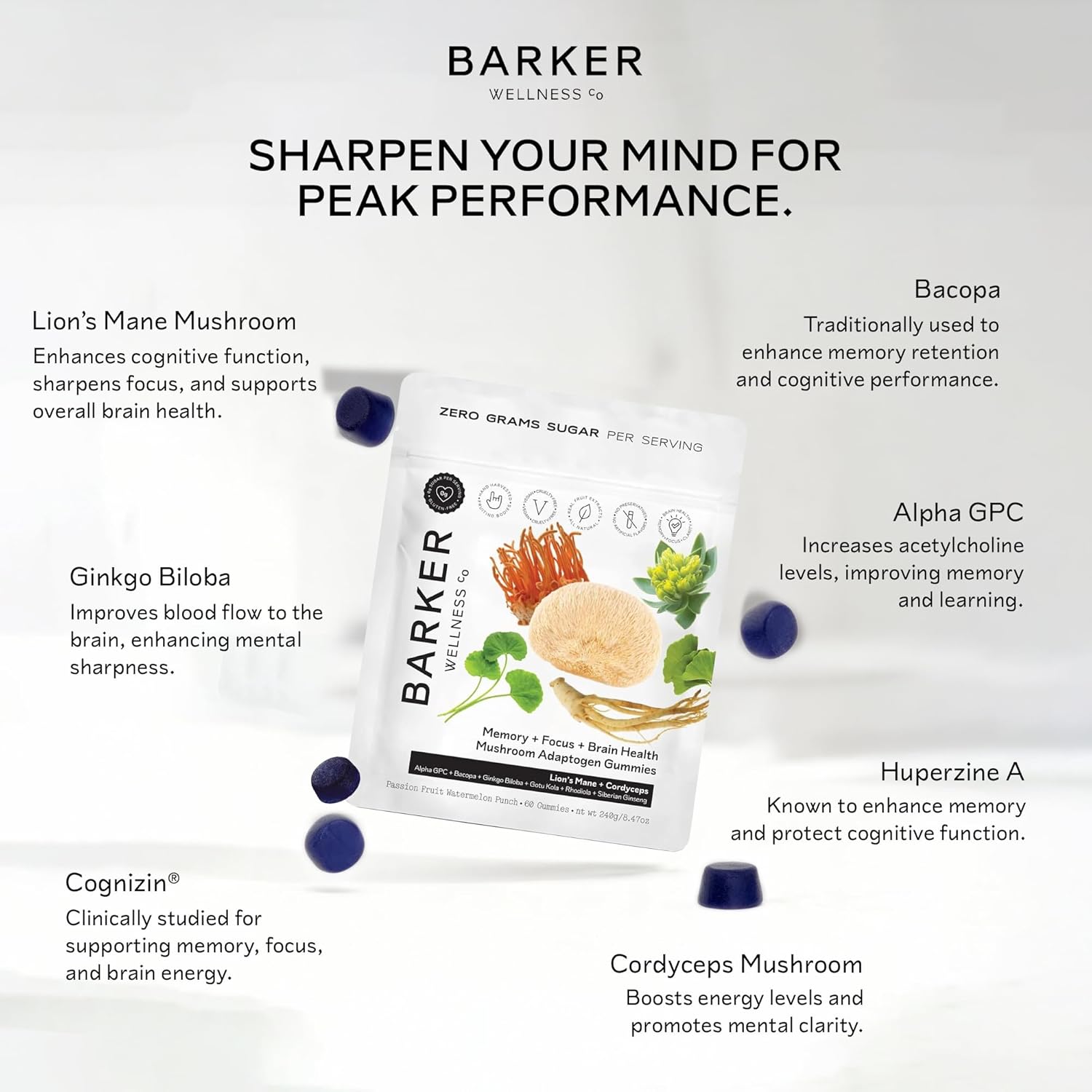 Barker Wellness Mushroom Adaptogen Gummies for Memory & Focus, Brain Health Supplement with Lion's Mane, Cordyceps, Cognizin, Nootropics, Vegan, Sugar-Free Passion Fruit Watermelon Flavor- 60 Count - Image 6