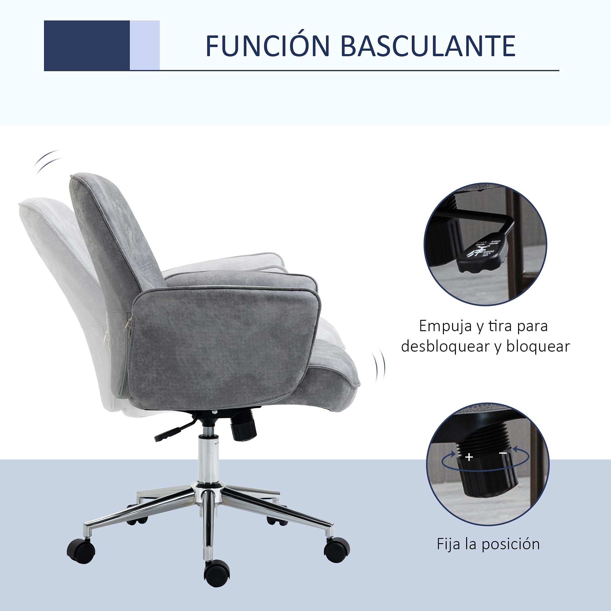Vinsetto Silla de Escritorio Basculante Giratoria 67x69x92-102 cm Gris | Silla de Oficina, Tapizado en Microfibra, Altura Ajustable, con Reposabrazos, Respaldo Asiento Acolchado
