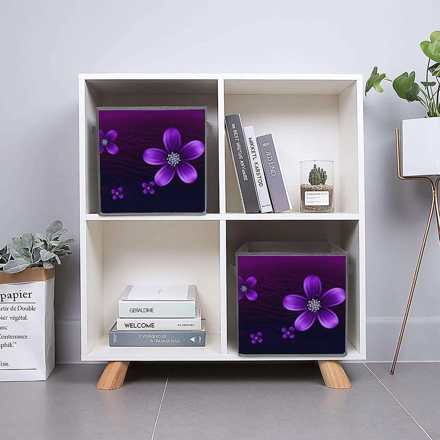 Purple Flower Storage Cubes Set of 6 Storage Bins with Handles Collapsible Storage Basket Fabric Storage Box for Shelves Large Closet Shelf Organizer for Organization 11 Inch