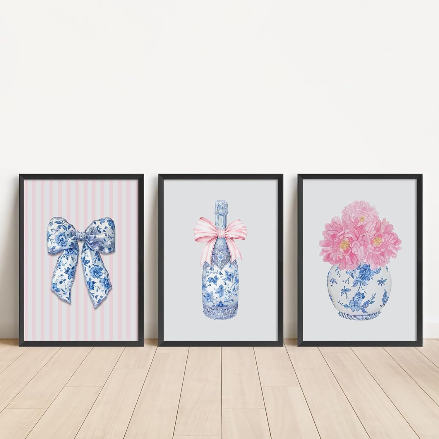 3 Piece Blue Pink White Chinoiserie Flower Canvas Wall Art Prints Set Preppy Bow Poster Blue Pattern Wine Bottle Bow Wall Decor Watercolor Trendy Aesthetic Painting for Girly Room 12x16 Inch Unframed