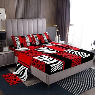 Leopard Zebra Sheet Set Full Size Kids Cheetah Red White Black Sheets with Deep Pocket Fitted Sheet for Boys Teens Animal Print Bed Sheets Set Breathable Safari Geometry Room Decor