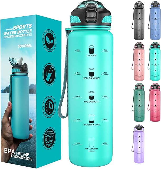Taspire 1 Litre Time Marked Water Bottle with Straw, Leakproof BPA-free Tritan Water Bottle with Time Markings, Motivational Water Bottle with Times to Drink (Green)