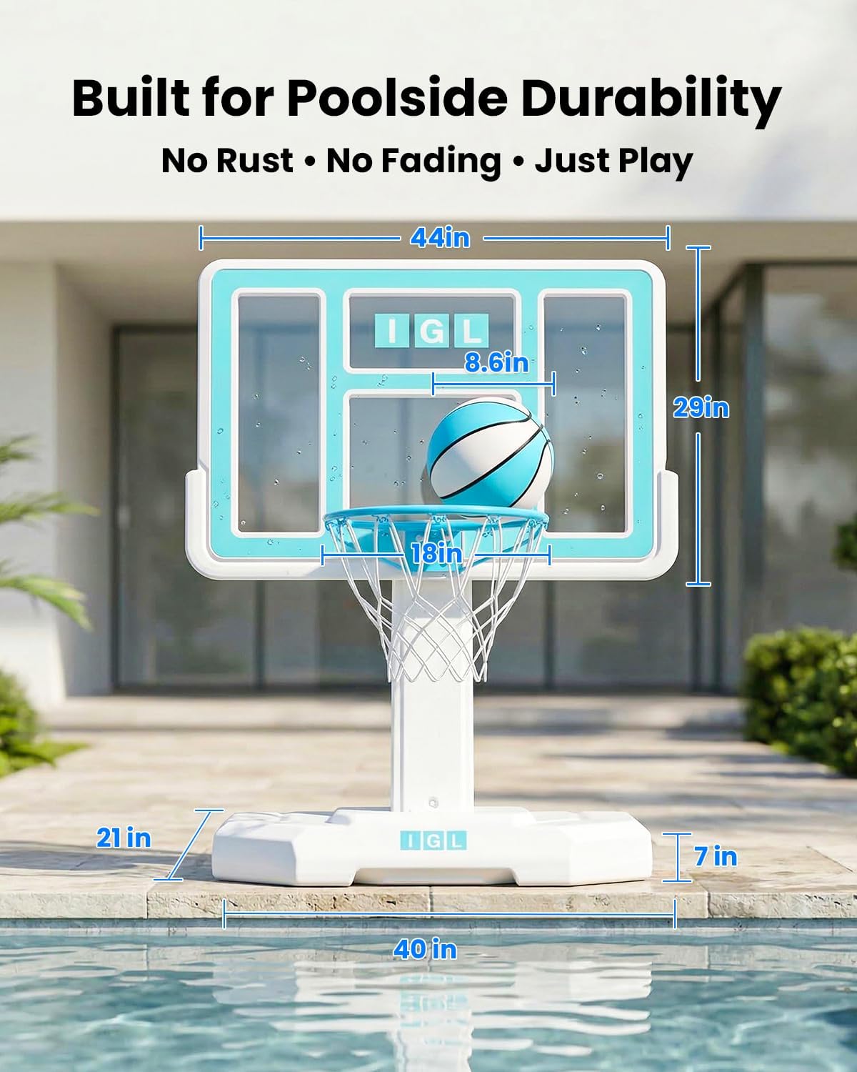 IGL Pool Basketball Hoop - Portable Swimming Pool Goal with 28/32/36/44 Inch PC Backboard, Water-Filled Base for Stability, Includes 2 Balls & Pump - Outdoor Summer Fun Game for Kids & Adults
