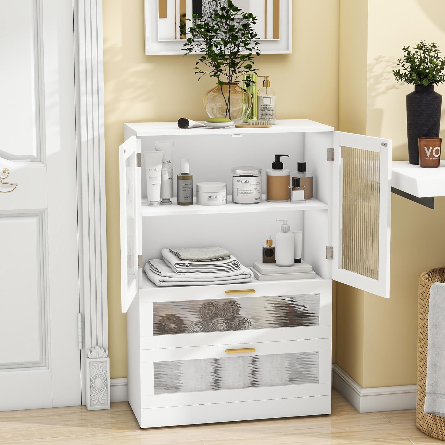 Bathroom Floor Storage Cabinet Freestanding Organizer with Acrylic Doors for Bathroom, Home Office, Bedside, Sofa Side Table