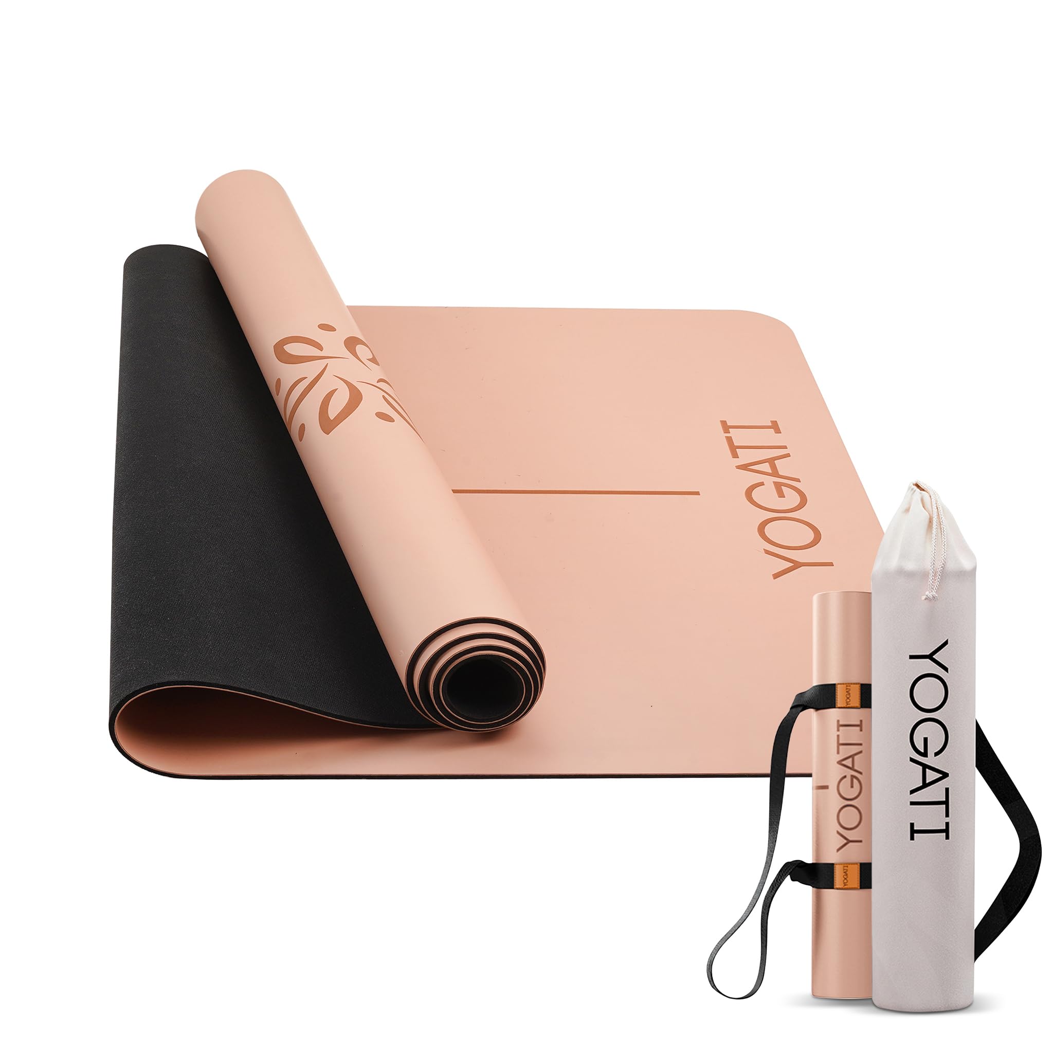 YOGATI® Tappetino Yoga Antiscivolo Per Donna | Tappetini in Gomma Per Pilates Con Linee Di Allineamento, Grande Tappetino Per Esercizi Con Borsa E Tracolla Per Palestra, Allenamento a Casa
