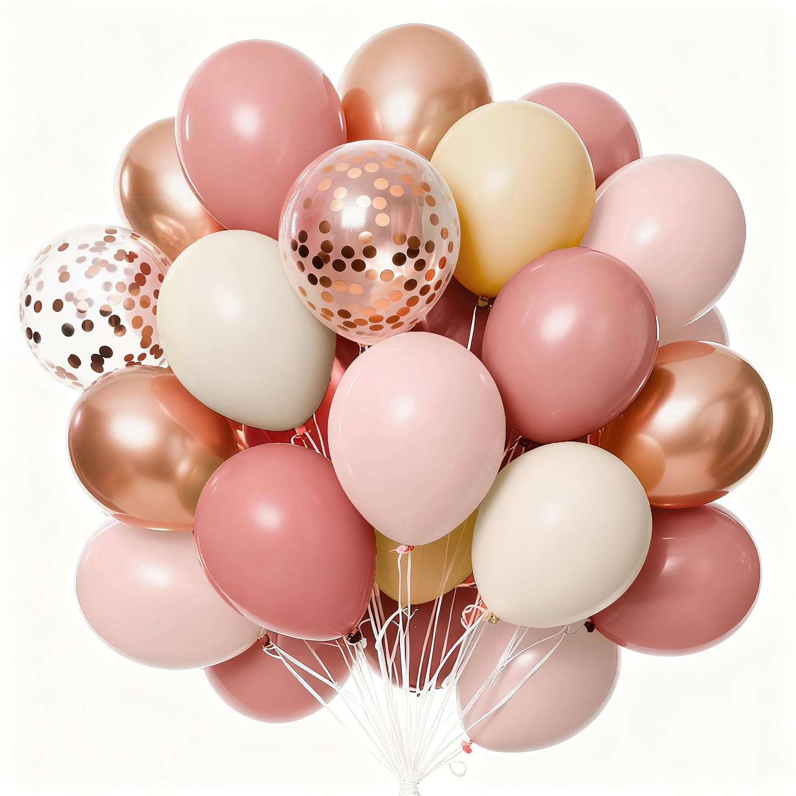PartyWoo Dusty Pink Balloons 66pcs 12 Inch Blush Rose Pink Metallic Rose Gold Nude Boho White Sand Confetti Balloons for Baby Shower Birthday Gender