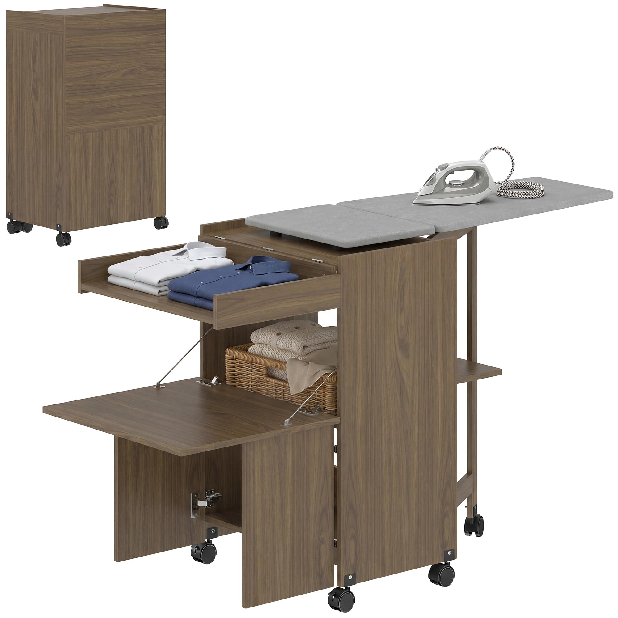HOMCOM Bügeltisch, zusammenklappbar, mit Rädern, 154 x 55 x 87 cm, Braun | Bügeleisenhalter, Mehrzweckschrank mit Ablagen, offenes Fach, für Waschküche, Badezimmer