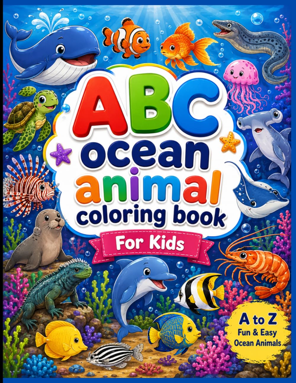 ABC Ocean Animal Coloring Book for Kids: A to Z Fun & Easy Ocean Animals Coloring Book for Boys & Girls Ages 3-8: Learn the Alphabet While Coloring ... Turtles, Fish, Octopus, crab & More!