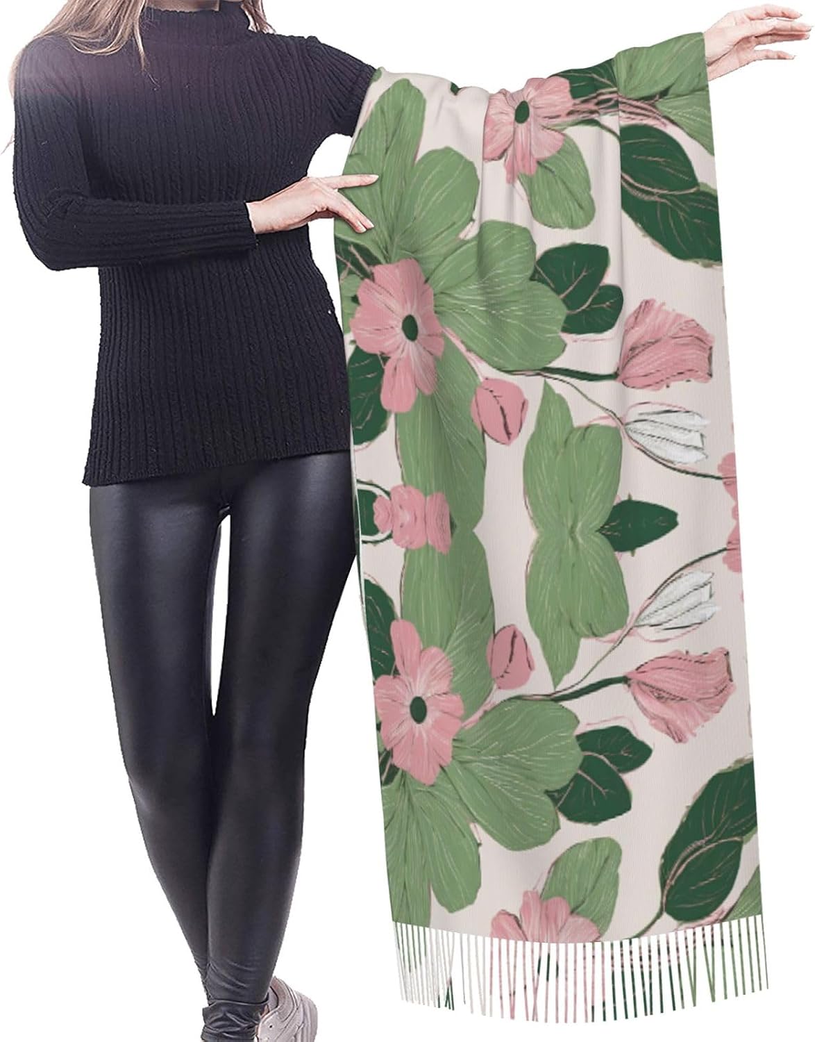 (Black Lily Pads) Women's Soft Warm Scarf Large Plush Shawl Wrap with Fringe Fashion Winter Scarves for Cold Weather