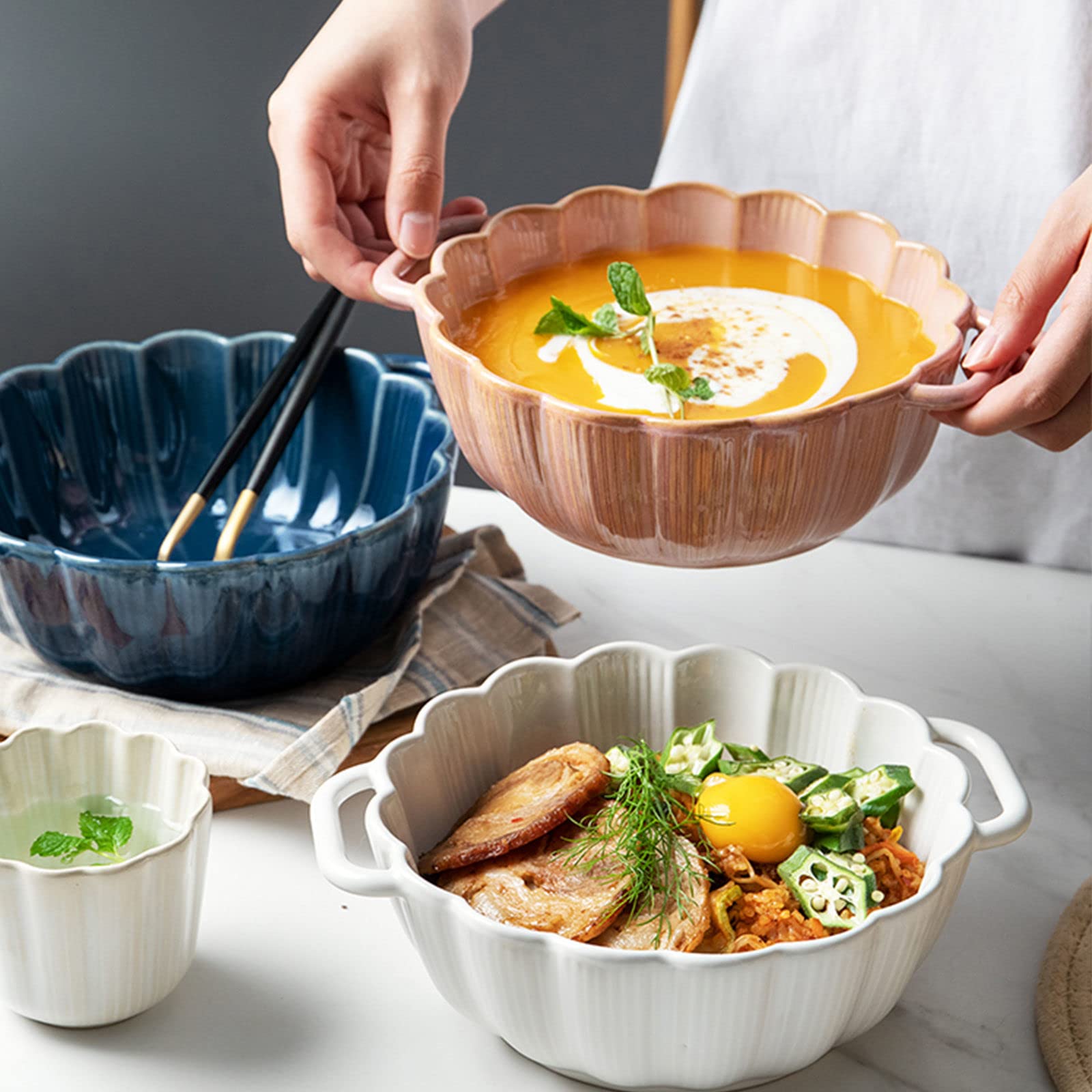 Lasagneform, runder Keramik-Auflauf mit Griff, große Ramen-Schüssel mit Griff, mikrowellen- und ofenfeste Auflaufform, Backform aus Porzellan(White,1100ml)