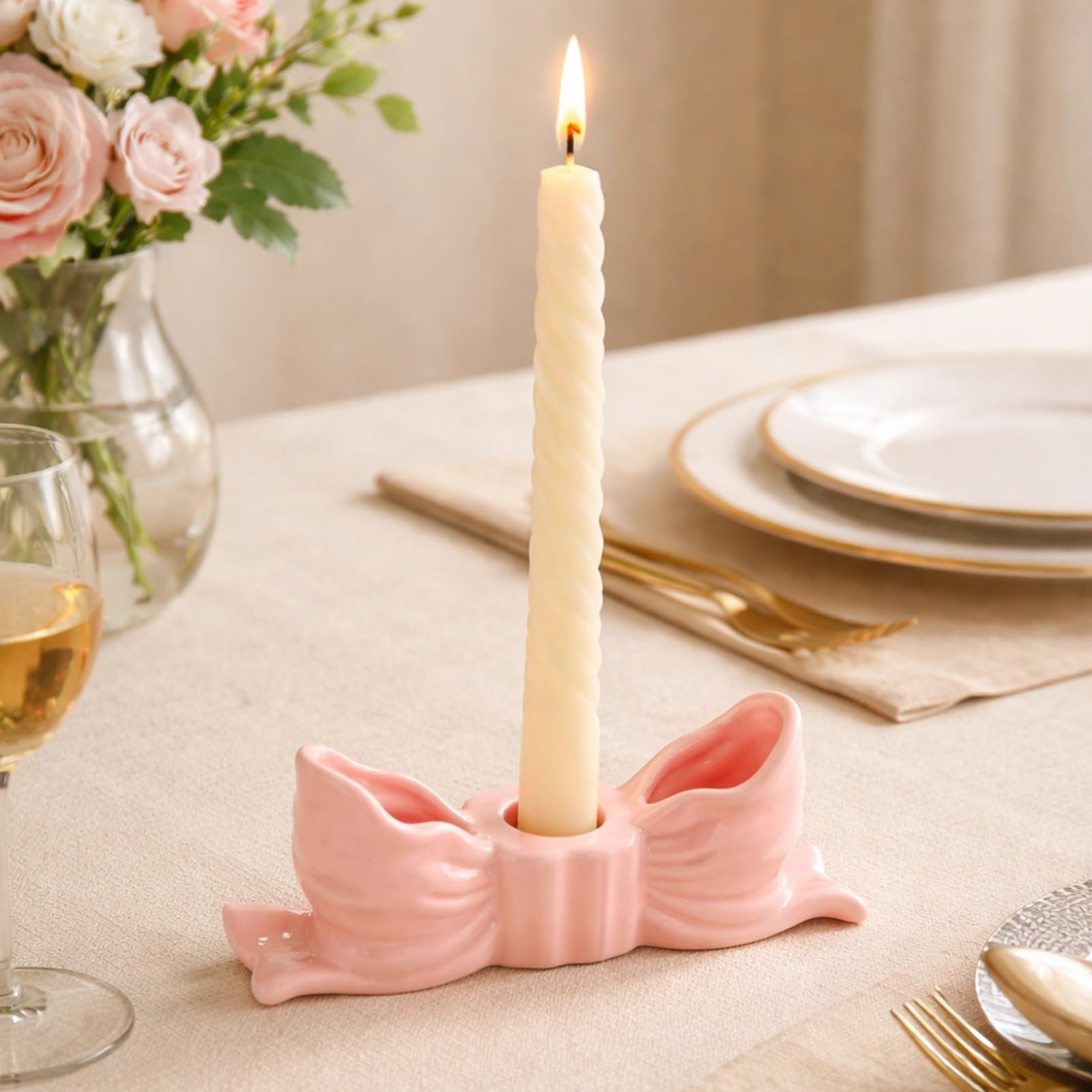 2 STK. rosa Schleifen-Kerzenhalter, Coquette Kerzenhalter Set, Keramik Deko-Kerzenständer für Stabkerzen, romantische Wohn-Deko, passend für viele Räume