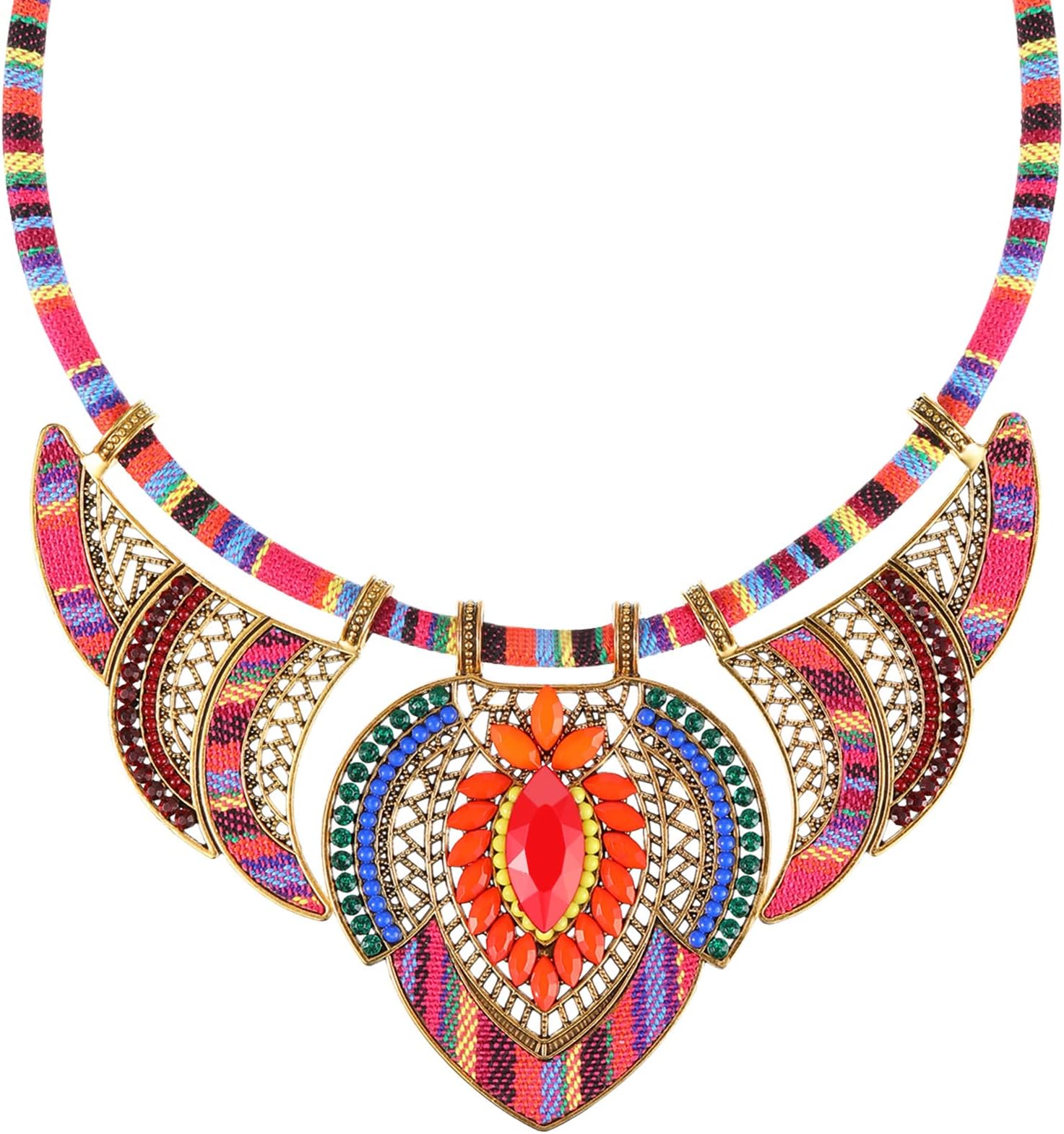 YaomiaoTribal Beaded Bib Collar Choker Colorful Bohemian Festival Costume Necklace Ethnic Costume Jewellery for Women Alloy Chunky Necklace Vintage Statement Necklaces Women's Necklaces Accessories