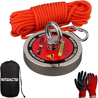 MUTUACTOR Neodymium Fishing Magnet 1100lbs Pull-Force,Strong Retrival Magnet N52 with 49 Feet (15m) Durable Rope,Gloves and Portable Bag,Heavy Duty Magnetic salvaging Fishing Magnet for Treasure Hunt