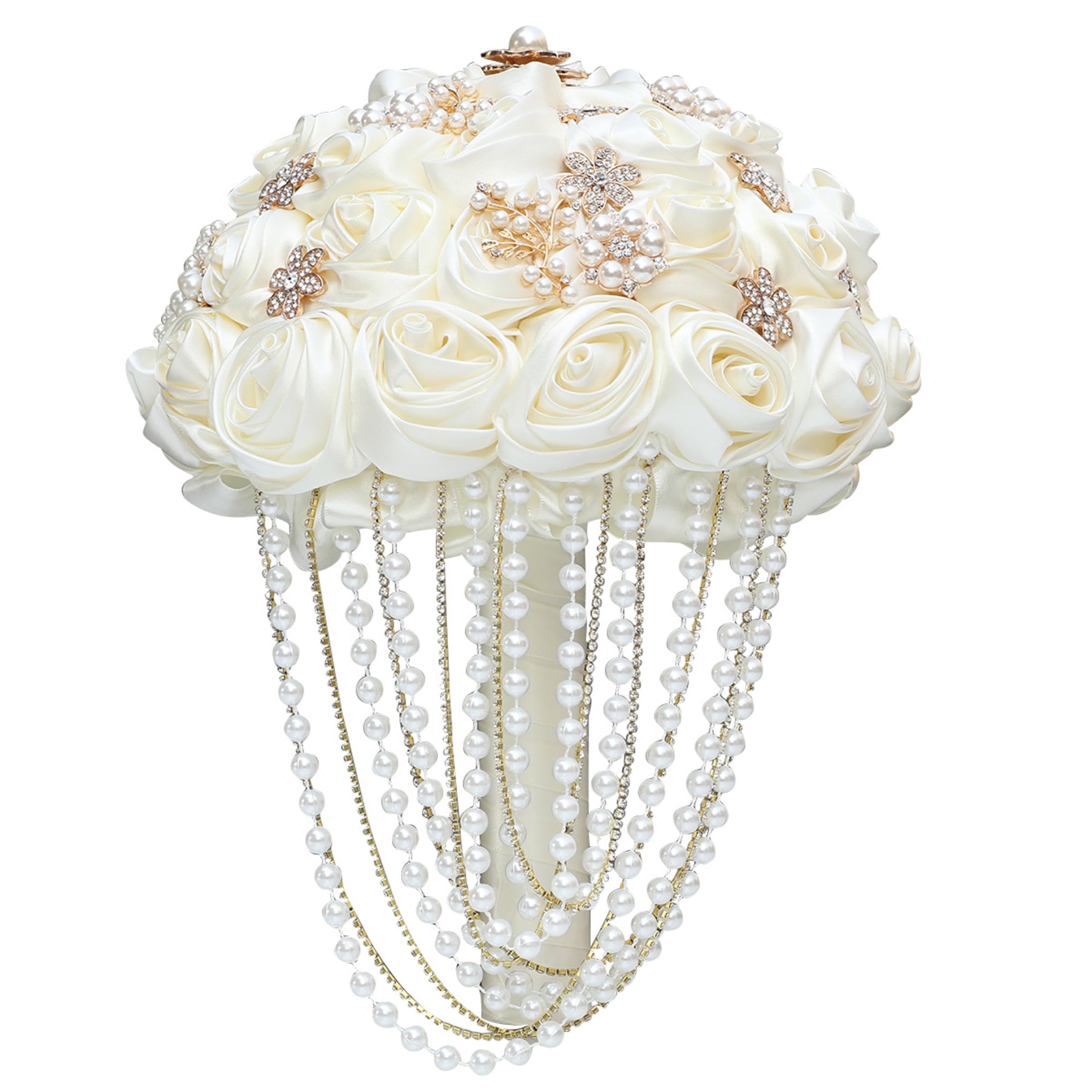 Wilafury Bouquet for Bride, Elegant Wedding Bouquets, Crystal Round Tossing Bouquet, Jewelry Proposal Bridesmaid Bouquets with Pearls & Rhinestones