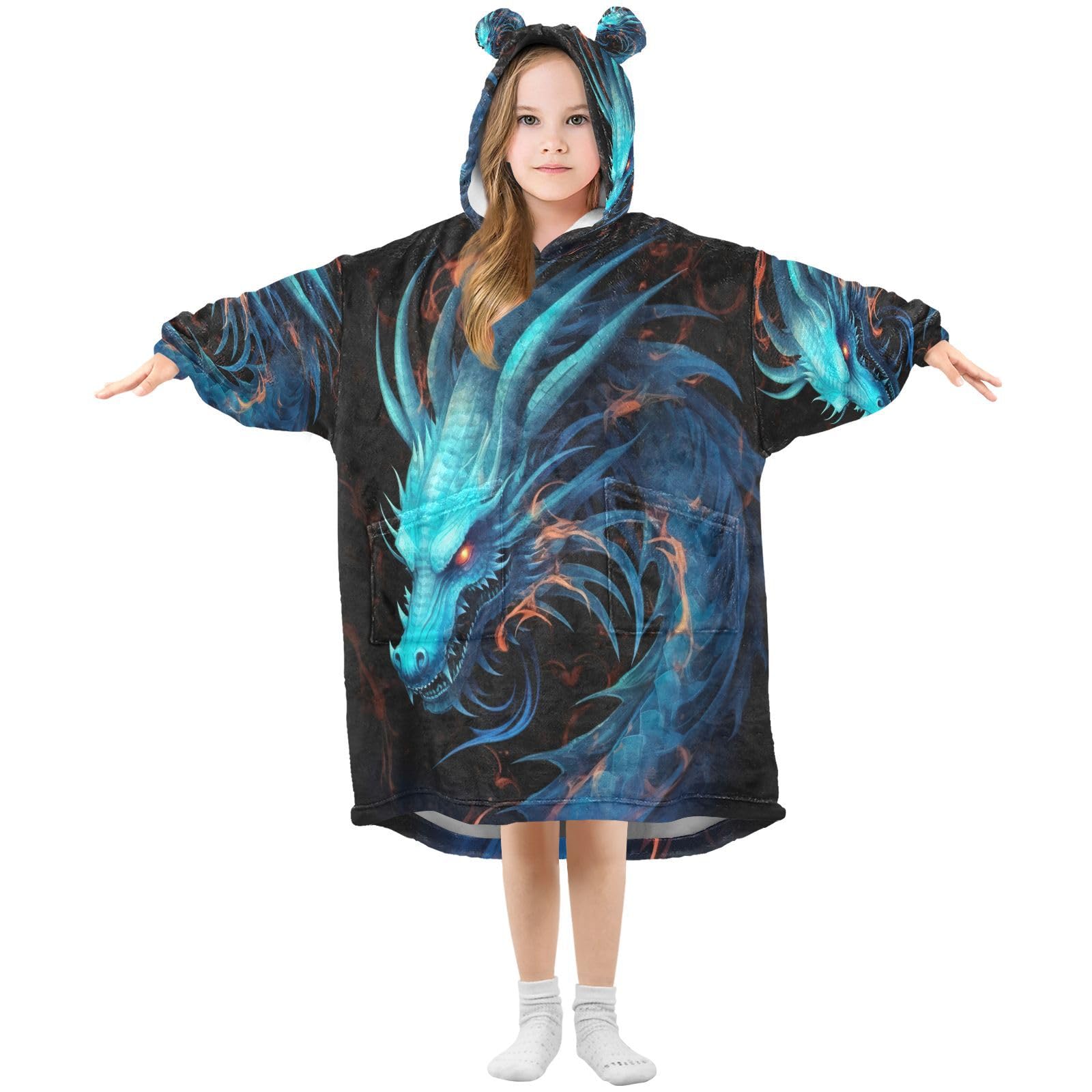 Cgiub Dragon Wearable Blanket Hoodie for Kids Warm Cozy Oversized Hooded Sweatshirt Blanket with Pocket