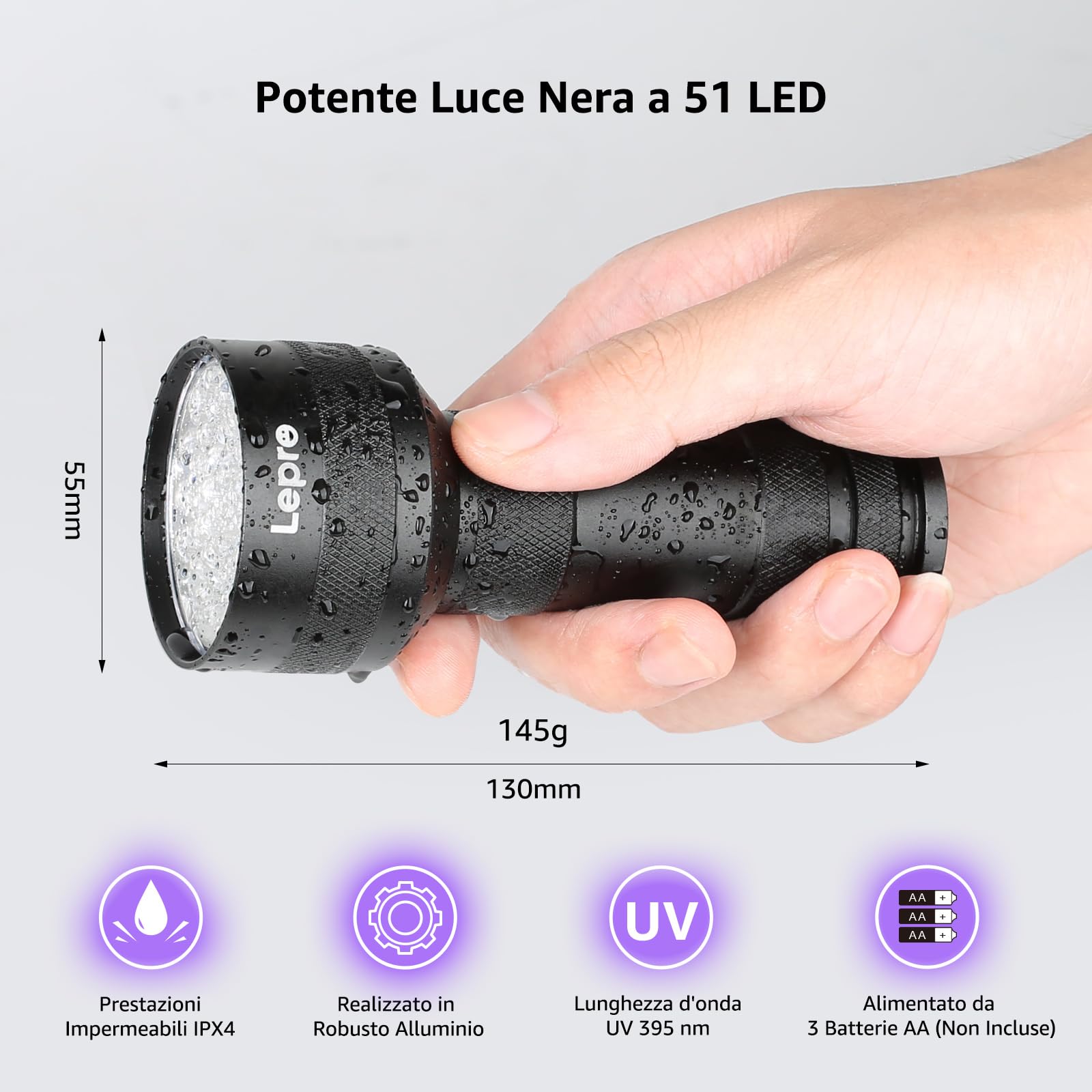 Lepro Lampada UV,51 LEDs Luce UV, Torcia UV LED, 395NM Ultravioletta, Portatile Rilevatore di Black Light per Urina di Cane/Gatto, Scorpione, Banconote,Rileva la Vernice Fluorescente