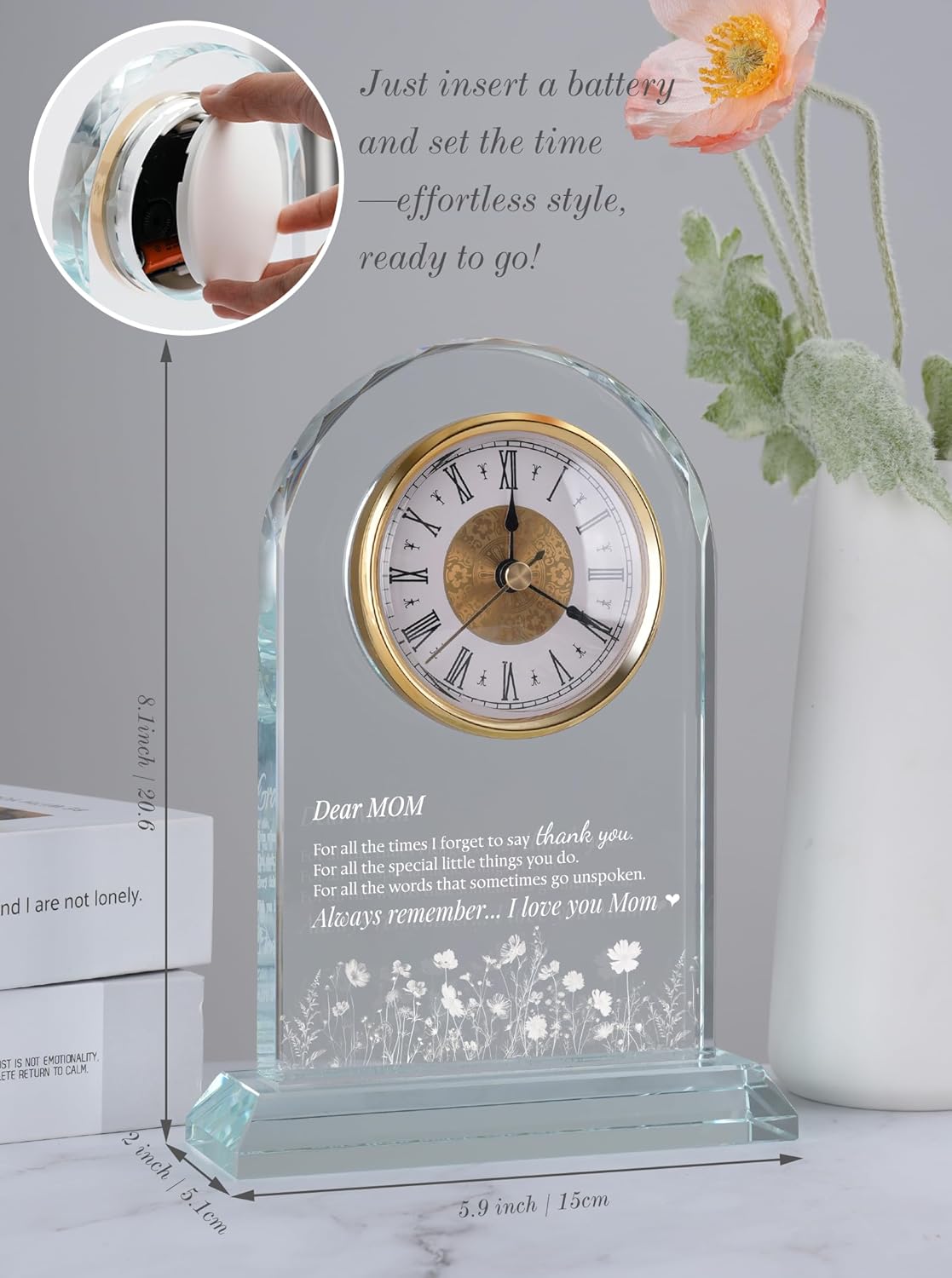 Mom Glass Clock Gift from Daughter or Son: Unique Birthday, Christmas, Thanksgiving Blessings, Mother's Day, and Valentine Gifts - Elegant Desk Clock with Base for Mom Who Has Everything