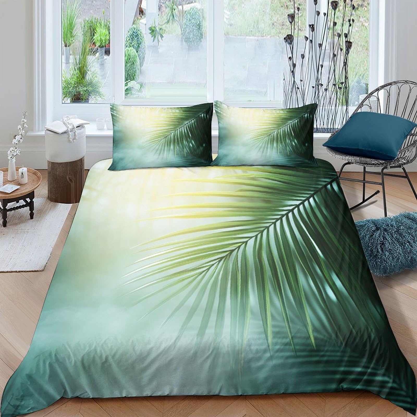 Ctjqhvkz Style-1 3D Printed Tropical Palm Leaf Fitted Sheet Microfiber Soft Green Botanical Bed Cover For Bedroom Guest Room Decor Single（135X200cm）