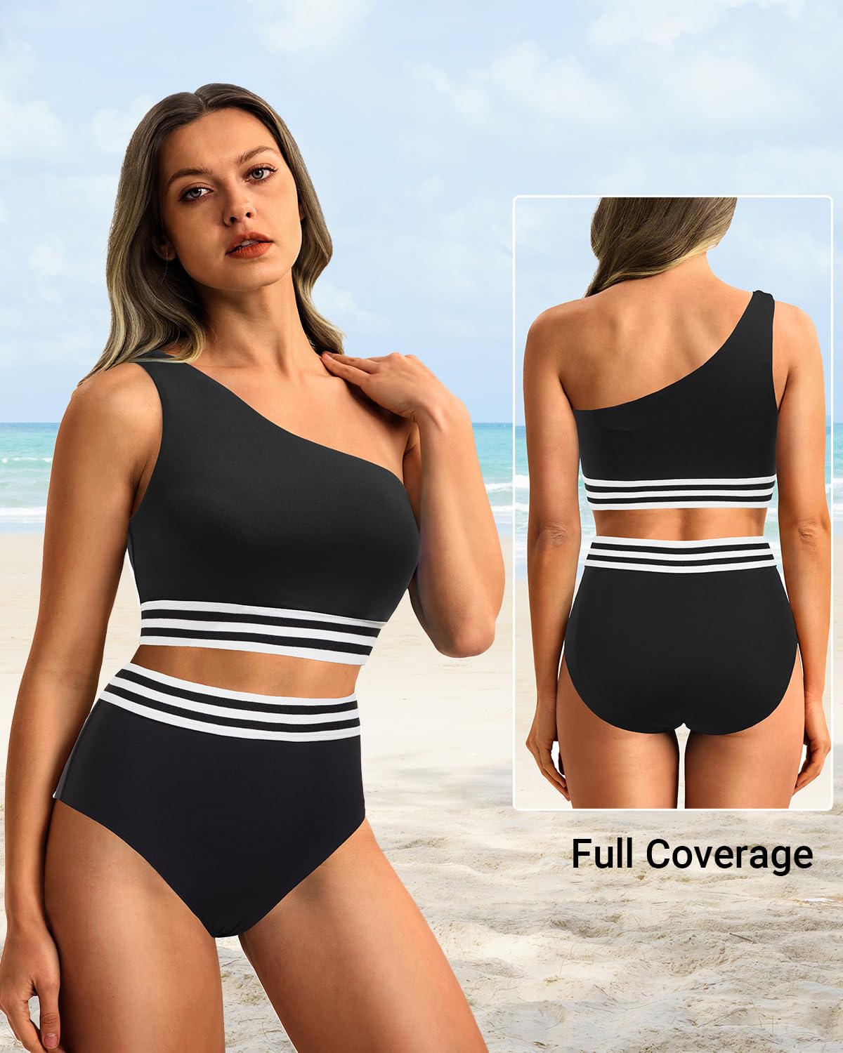 Holipick Damen-Bikini-Set, eine Schulter, hohe Taille, zweiteiliger Badeanzug, Bauchkontrolle, volle Abdeckung, Bademode | Herausnehmbare Pads, vollständige Abdeckung, vollständiges Futter, Bauchkontrolle, für Pool, Strand, Urlaub