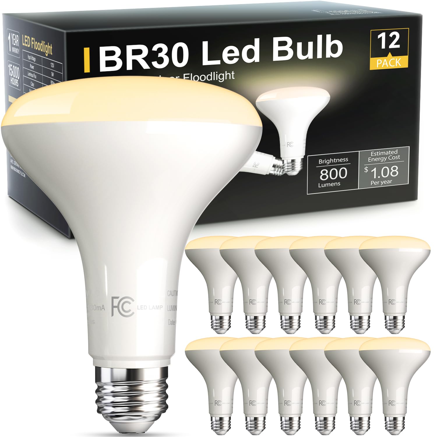 VOLIVO LED Flood Light Bulb 12 Pack, Recessed Ceiling Bulb, BR30, 65W Equivalent Efficient 9W, Dimmable, E26 Base, Soft White 2700K, 800 Lumens, 80CRI, Ceiling Light for Kitchen, Living Room