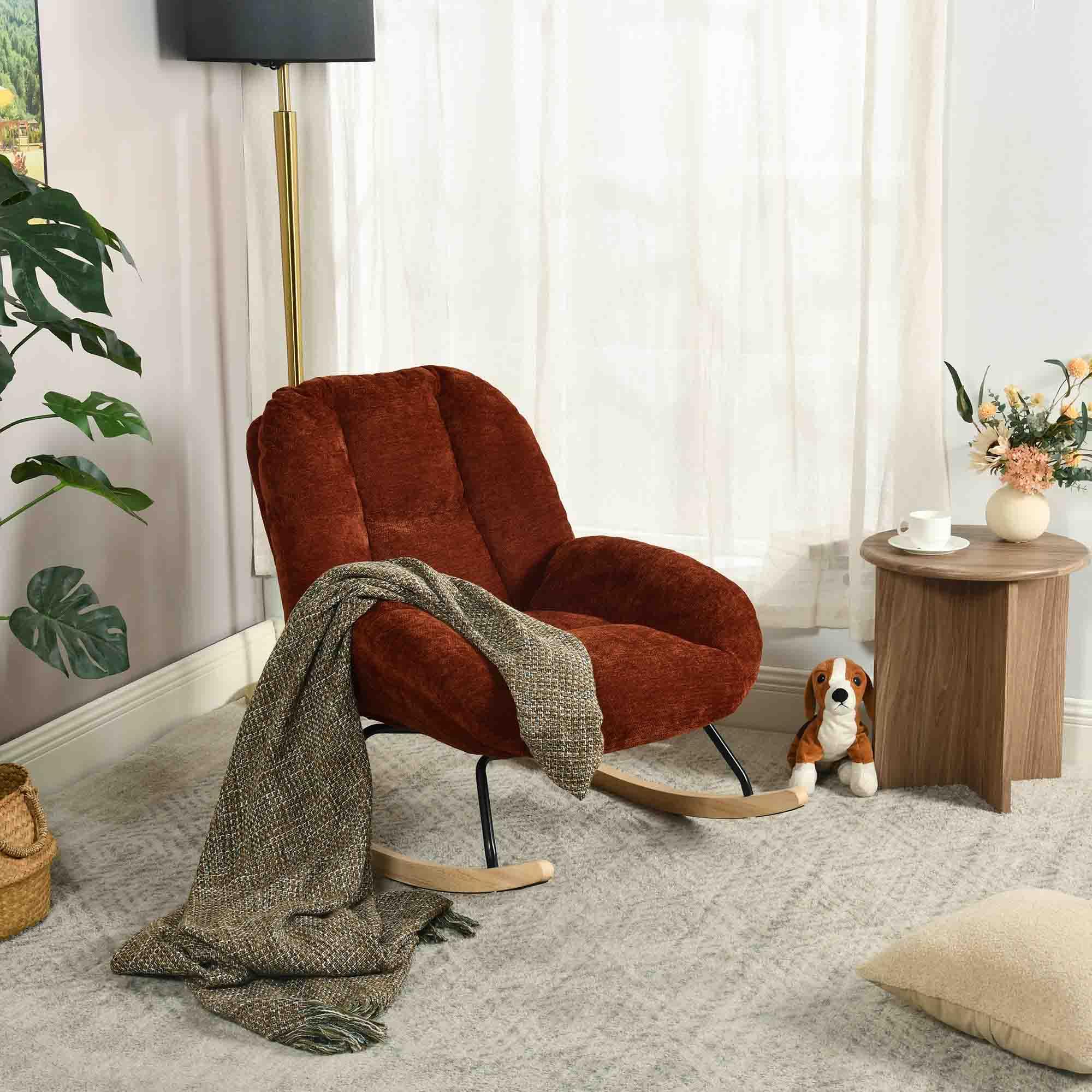 Silla Mecedora Acolchada, sillón Relax con Respaldo y Asiento Extra Ancho de Tissu Chenille, para salón o Dormitorio, Patas de Madera, Color Rojo