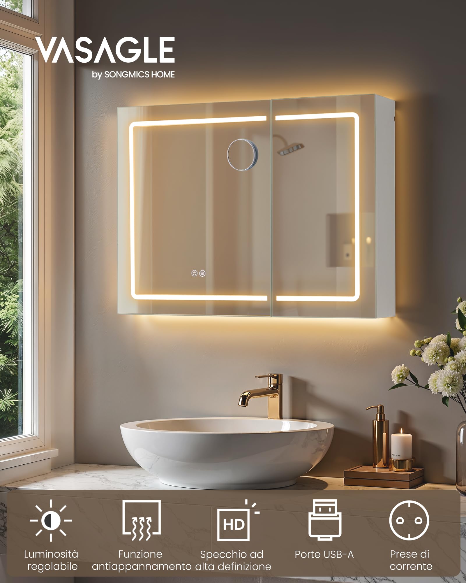 VASAGLE Kailyn Collezione - Armadietto a Specchio da Parete per Bagno con LED, Presa Multipla, Funzione Antiappannamento, Specchio Ingranditore 10x, Stile Moderno, 16,5 x 80 x 60 cm, Bianco BBK134W01