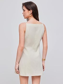 CIDER Mini Dress Button Down Sleeveless Linen Blend Boat Neck Dresses for  Women Daily Casual Short Dress Beige at Amazon Women's Clothing store