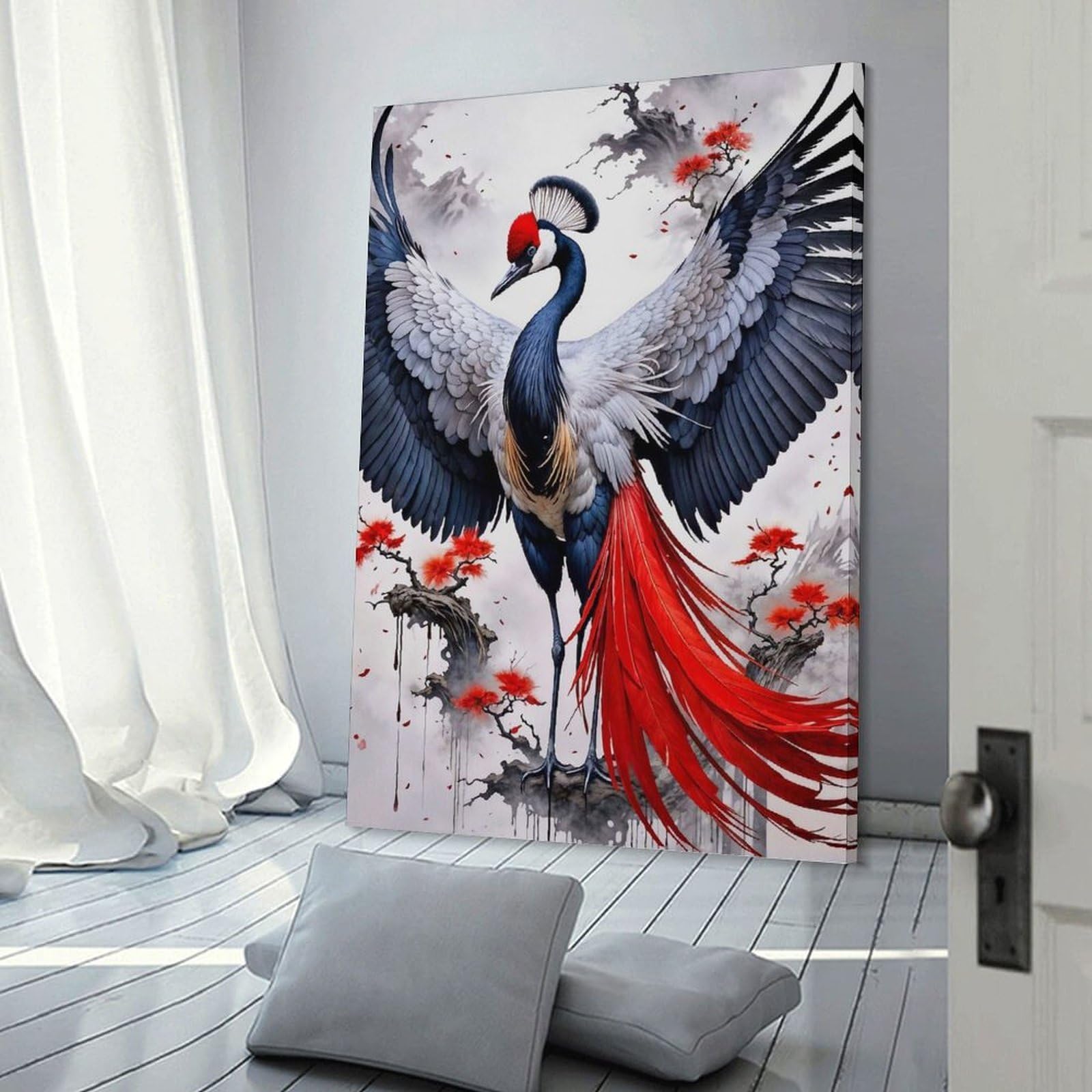 Junmoney Japanese Crane Decorative Canvas Print, 24x36inch(60x90cm), for Gallery Wall Decor And Room Displays, Wall Decor Suited to Curated Displays