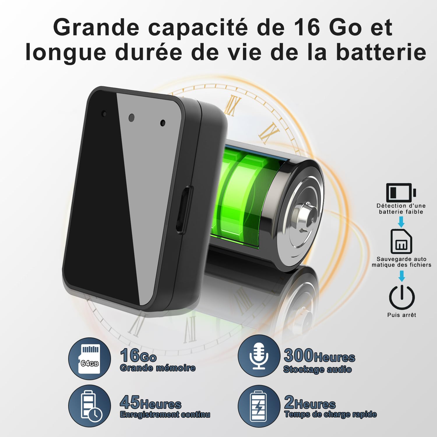 Registratore vocale magnetico 64 GB con riduzione del rumore, porta USB-C ricaricabile per studi, conferenze, riunioni, interviste, registratore audio portatile con auricolari, facile da usare