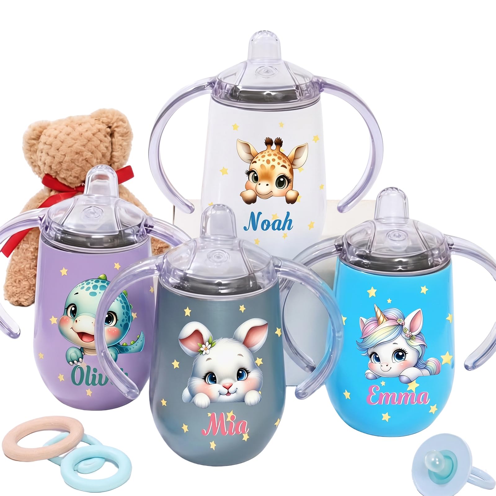 Bleggeit Personalized Insulated Sippy Cup for Toddlers, Custom Cute Animal and Name, Baby's First Straw Cup, Training Cup with Handle, BPA Free, 6m+, 10 oz/300ml, Birthday Baby Shower Xmas Gifts