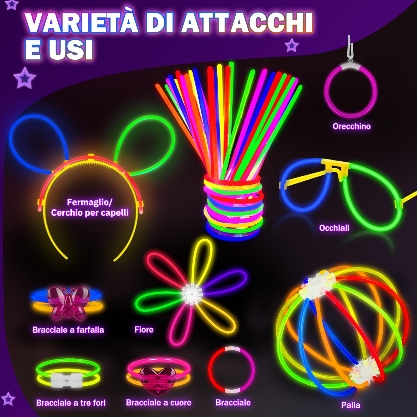 Millegu 230 Fluo Party Kit, 100 Braccialetti Luminosi Fluorescenti Bambini Adulti Starlight Glow Sticks e 130 Connettori per Bracciali Occhiali Gadget per Comleanno Feste Carnevale Capodanno 2026